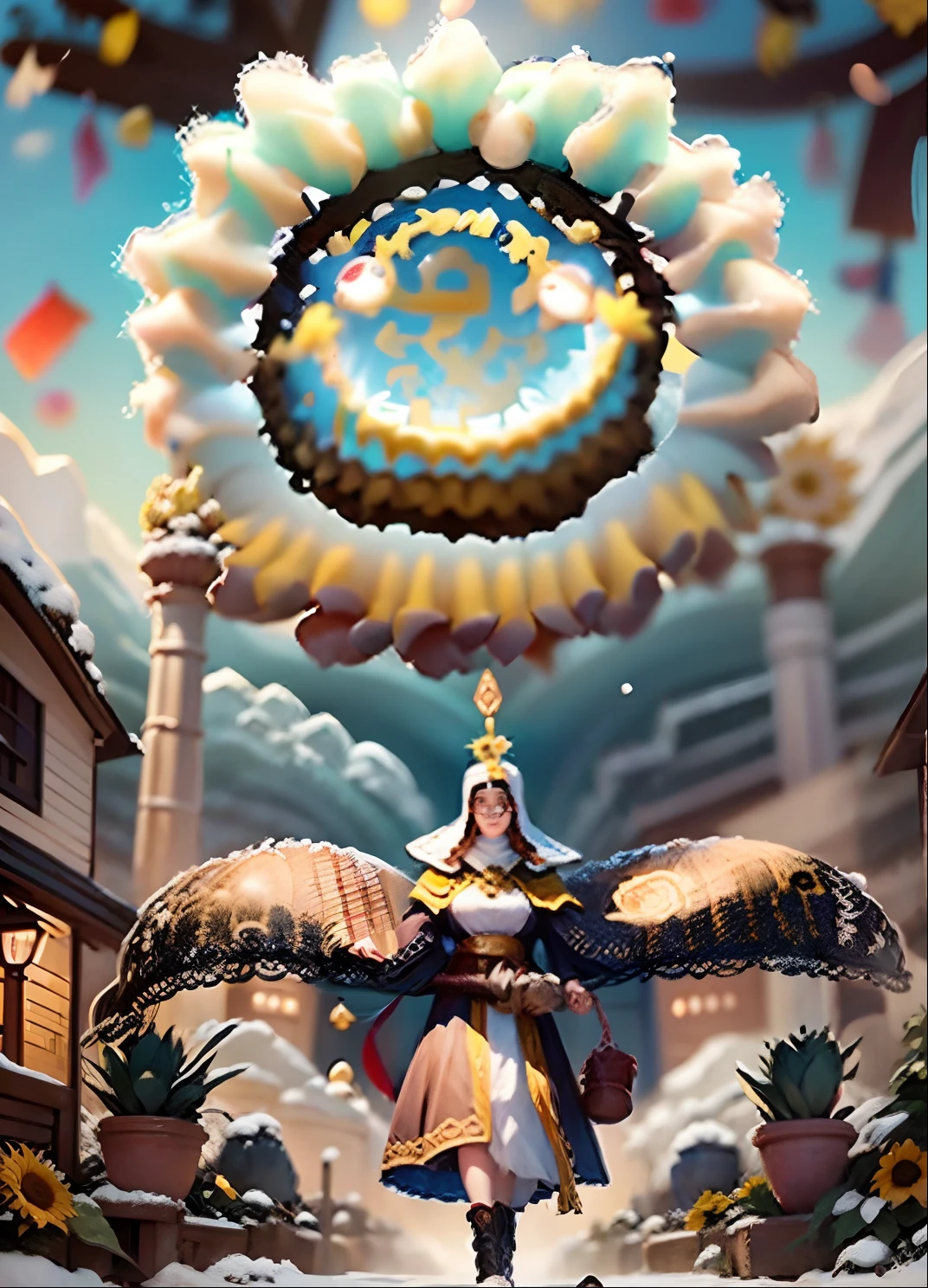 In a very grand scene,The extra-large wide-angle lens captures the appearance of a female centaur。She is a Sunflower Worship nun,Always opposed(Healing emoji smiley face of knitted sunflower puppet😊:99.99)DOA。She is tall,It has the ultimate curvy beauty,The muscles are slender and firm,Beautiful lines。She has(Super huge sky blue eyes:99.99)、always(Wearing sexy glasses:6.66)、(She wears solemn nun attire:9.9)、Stepping on a boot-style skyscraper-heel、A pink cross hangs on his chest。Use Midjourney's advanced tools,Designed for female centaurs(A knitted sunflower puppet and create a super healing cartoon smiley face in the center of the flower tray as a decoration:9.9),and noble and solemn nun costumes,and highlight her unique physiological characteristics and appearance details,Add realism。And in the context of her prayers and listening to confessions,Spectacular views of nature,Such as the sky where storms and sunny days alternate、Brilliant rivers of stars and auroras、The snow-capped summit of Mount Everest、Fireworks in the mountain town, etc。ao mesmo tempo,Away from the hustle and bustle next to the chapel,Create a fantastic scene。Use Midjourney's advanced tools and multiple color palettes、Brush Strokes、Texture tools and model packages,It shows a sense of atmosphere where beauty and charm coexist。The charm of the female centaur is highlighted through color and lines,Enhance realism with detailing,Create a surreal dreamy feeling。Additionally,Use Midjourney's tools to add various exorcism props and books to the female centaur、pergaminhos,Create intricate hairstyles and outfits,Give her a sense of premium。She never flinches,No matter what monster you encounter,can respond quickly,Even the most extreme armies of natural disasters and monsters could not stop her and her front(Sunflower with Tyndall effect that emits sunlight9.99)。Use Midjourney's powerful tools,You can do it with incredible detail and beauty,Bring this ultra-grand and beautiful scene to life。Ultra-grand sc