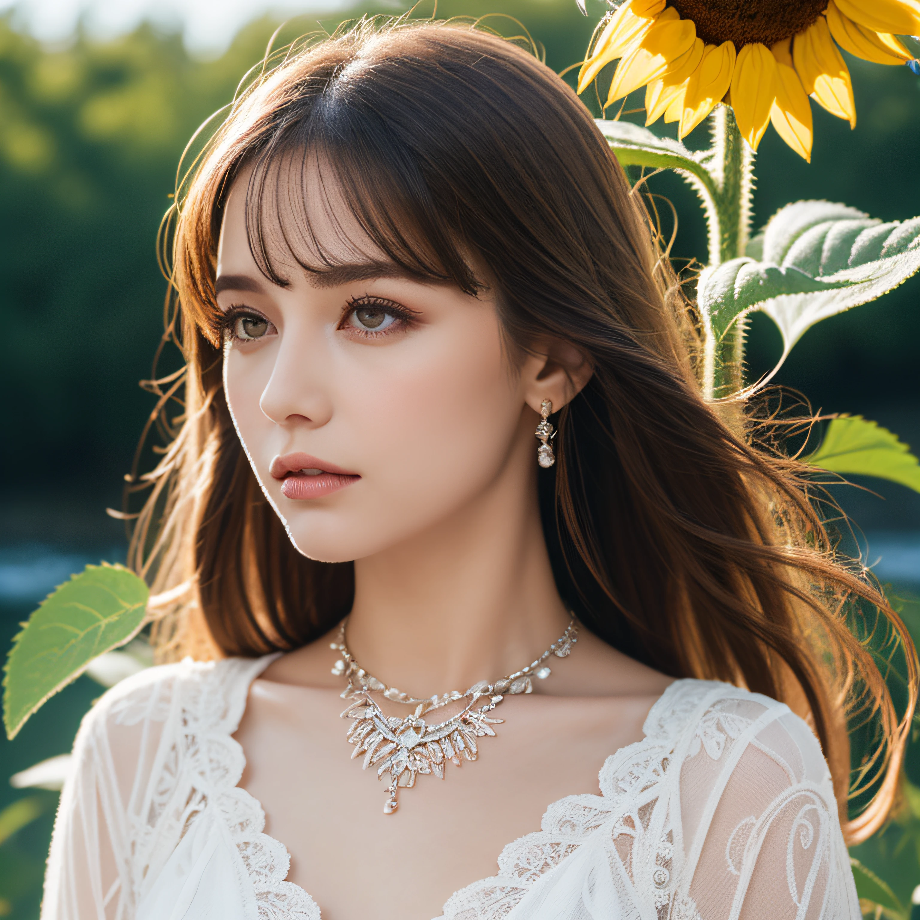 ( absurdly , High quality , ultra-detailliert ) ,( Hand Detail ) , 1girl in, Solo, Mature, Very long hair, Sunflower hair , Beautiful crystal eyes ( eye detailed ) barroco, Necklace, long-one-piece dress, Long sleeve, Elegant, Colorful, highest details, Upper body , With the river and sunflowers