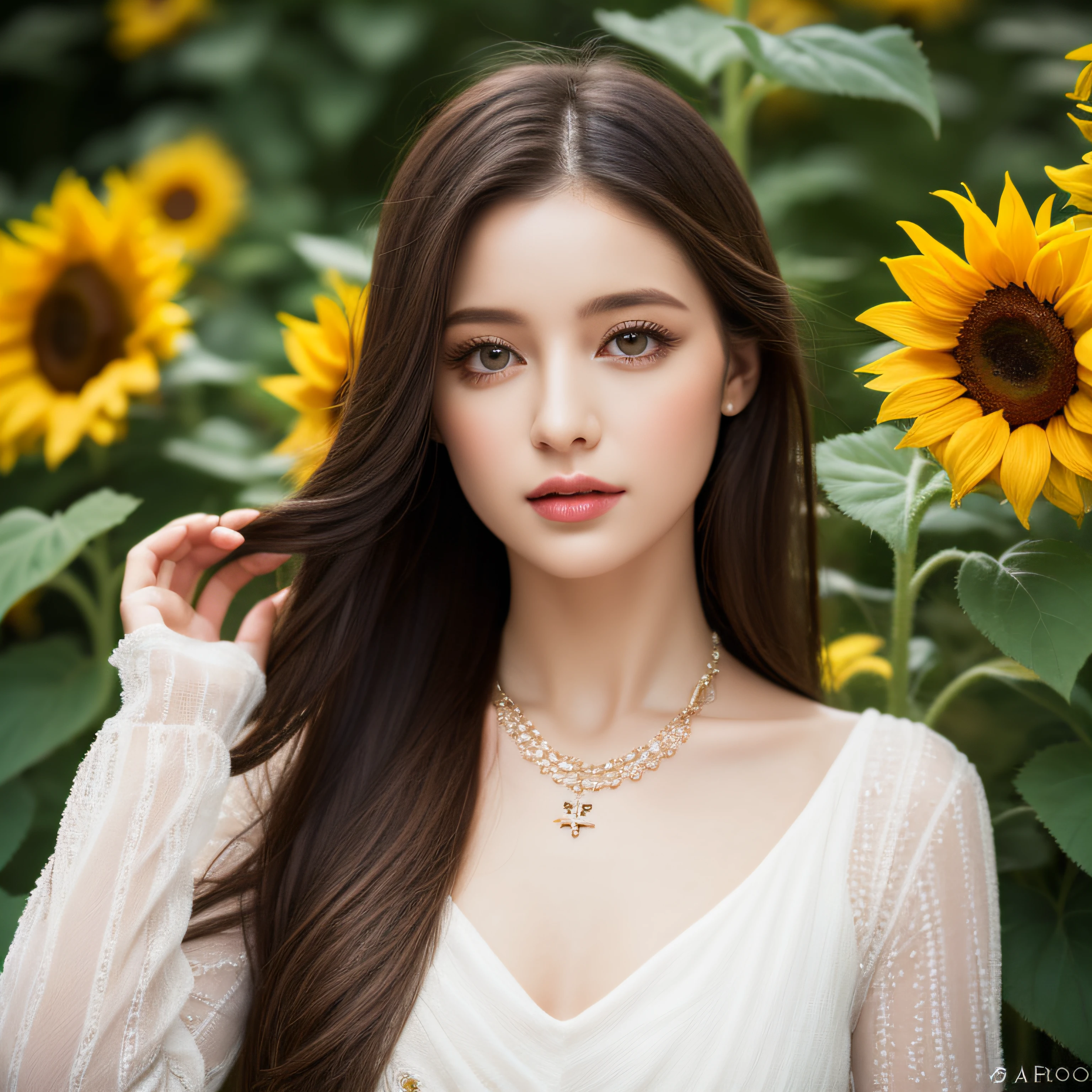 ( absurdly , High quality , ultra-detailliert ) ,( Hand Detail ) , 1girl in, Solo, Mature, Very long hair, Sunflower hair , Beautiful crystal eyes ( eye detailed ) barroco, Necklace, long-one-piece dress, Long sleeve, Elegant, Colorful, highest details, Upper body , With the river and sunflowers