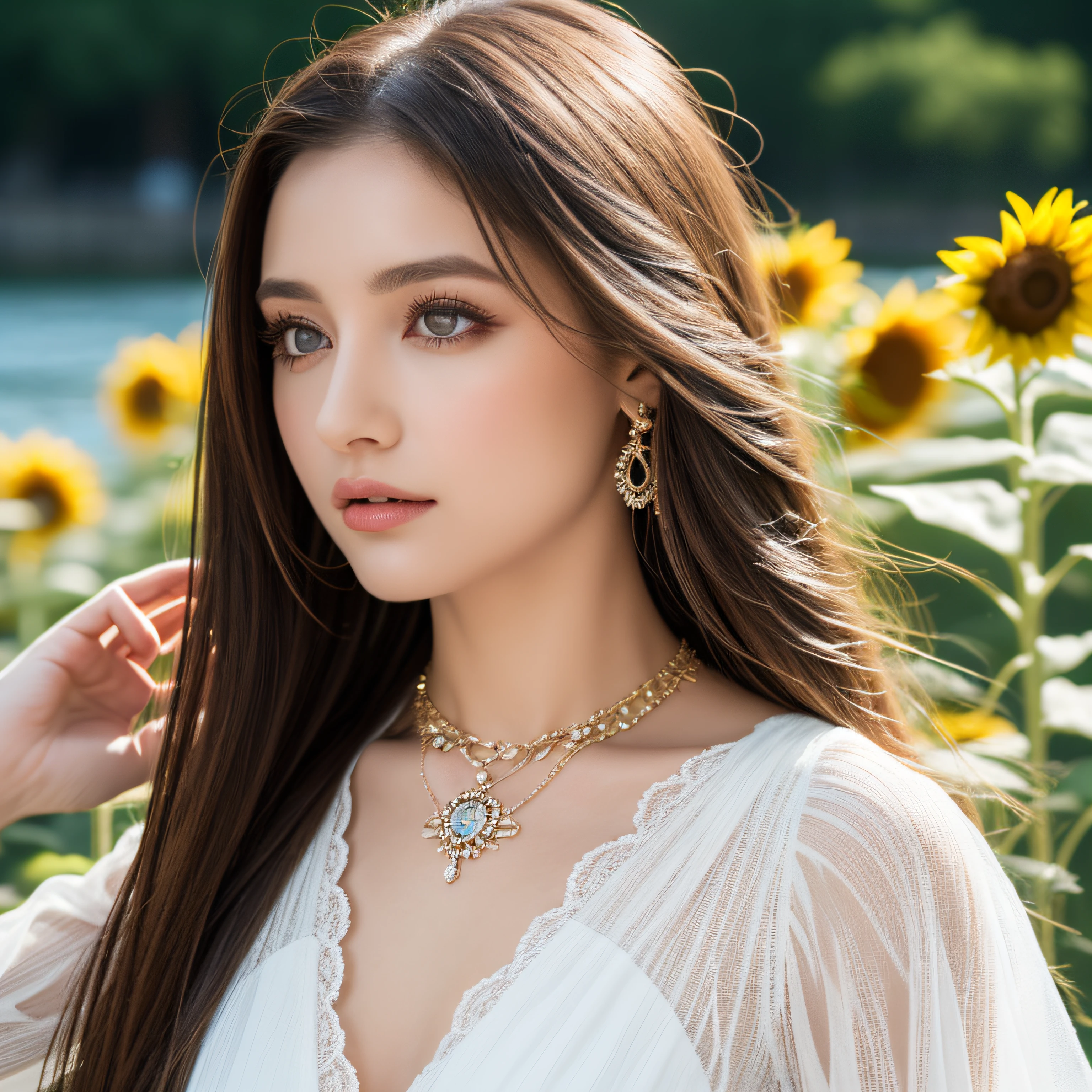 ( absurdly , High quality , ultra-detailliert ) ,( Hand Detail ) , 1girl in, Solo, Mature, Very long hair, Sunflower hair , Beautiful crystal eyes ( eye detailed ) barroco, Necklace, long-one-piece dress, Long sleeve, Elegant, Colorful, highest details, Upper body , With the river and sunflowers