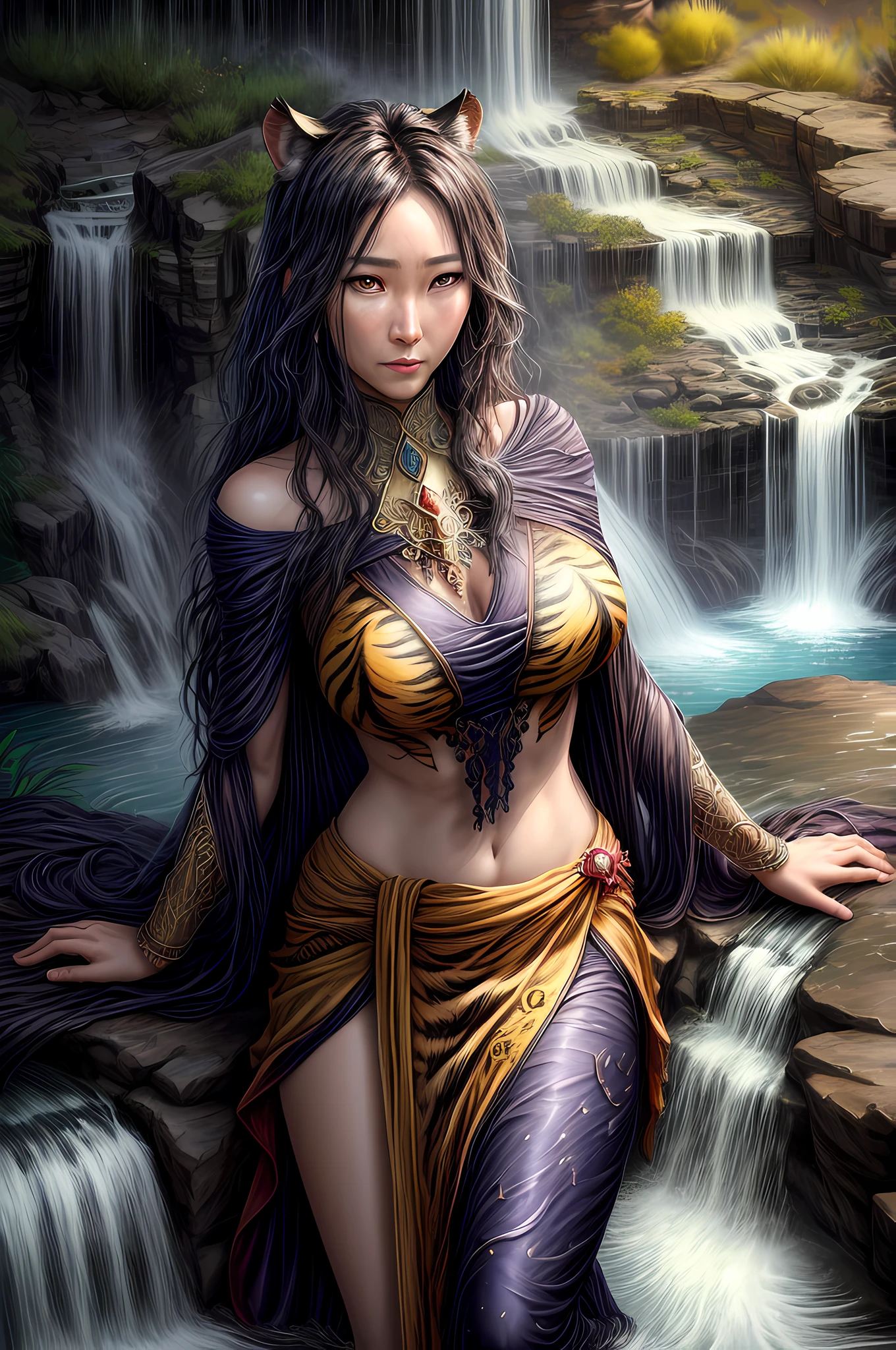 fantasy art, RPG art, an picture of an epic tiger resting near an epic sized waterfall in the desert at night, an epic tiger, big leopard, resting an viewing an (epic sized waterfall: 1.3) , water coming down from a desert cliff, water cascading into a large pool that reflects the moon and stars, you can see the water hitting the pool, drops of water splashing around, photorealistic, 16k, RAW, award winning, (best detailed: 1.5), masterpiece, best quality, (best detailed: 1.3), full body, ultra wide shot,