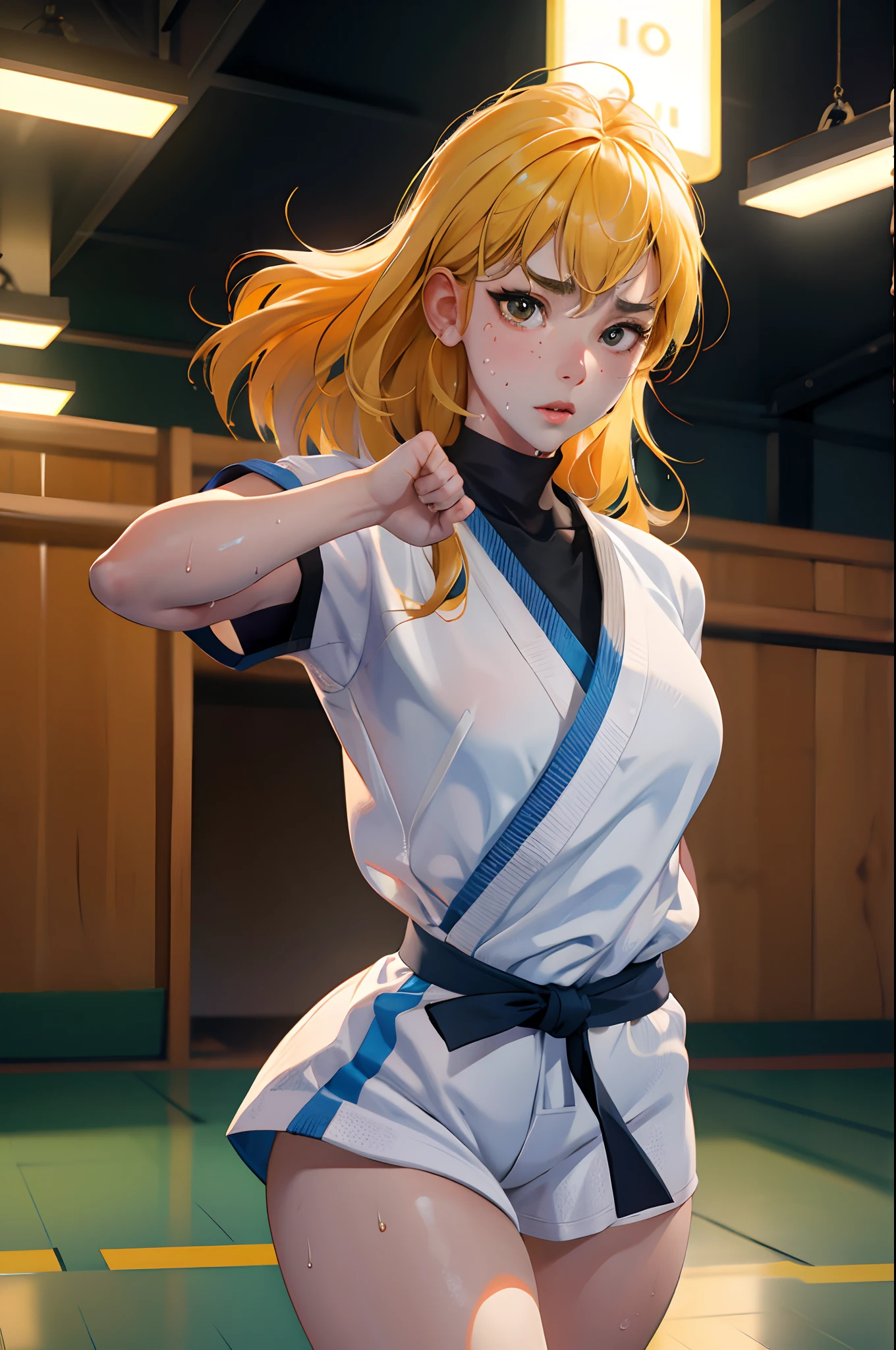 (Best Quality,8K,hight resolution,masuter piece:1.2),Ultra-detailed,Realistic:1.37,Portrait,Female Judo Athletes, girl,small head,Cute,Sporty,Charming face,Detailed beauty face,Very realistic skin,Wet skin,Sweat,Large breasts,Narrow waist,nice legs ,Sporty,Judo Match Venues,Cinematic lighting,