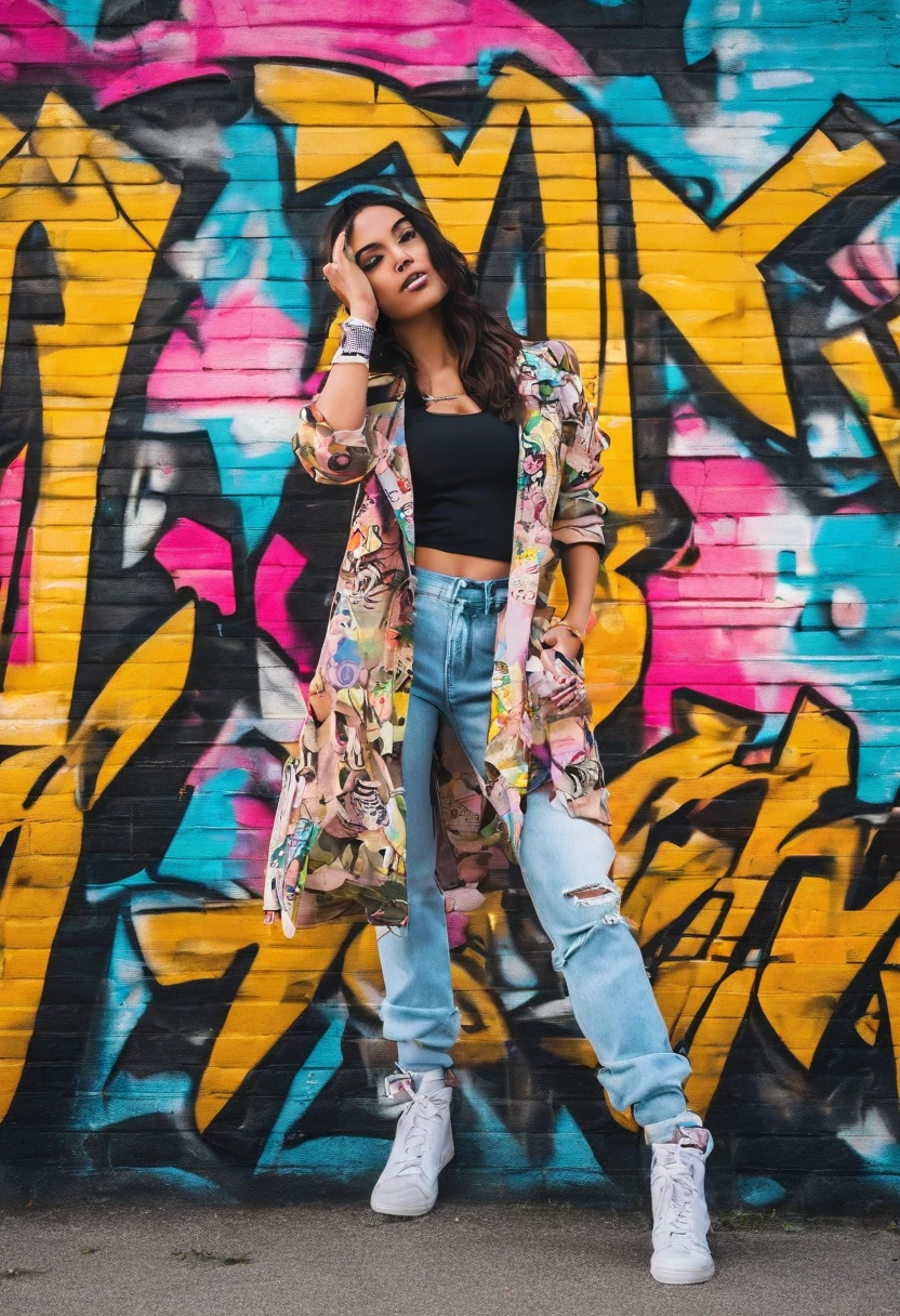 (hip hop scene) a hip hop confidant badass girl graffiti artist DealWithIt badass selfie pose on graffiti wall