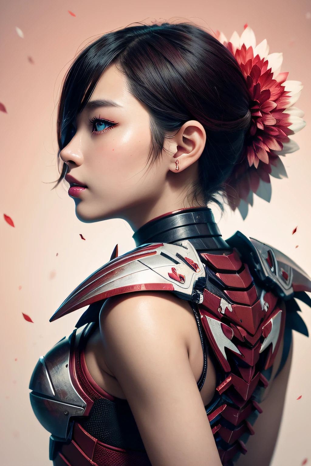 beautiful japanese young woman, wearing cyborg armor, thick symmetrical features, very short hair, background is cherry blossoms, pink aura, red lips, octane render, back view,