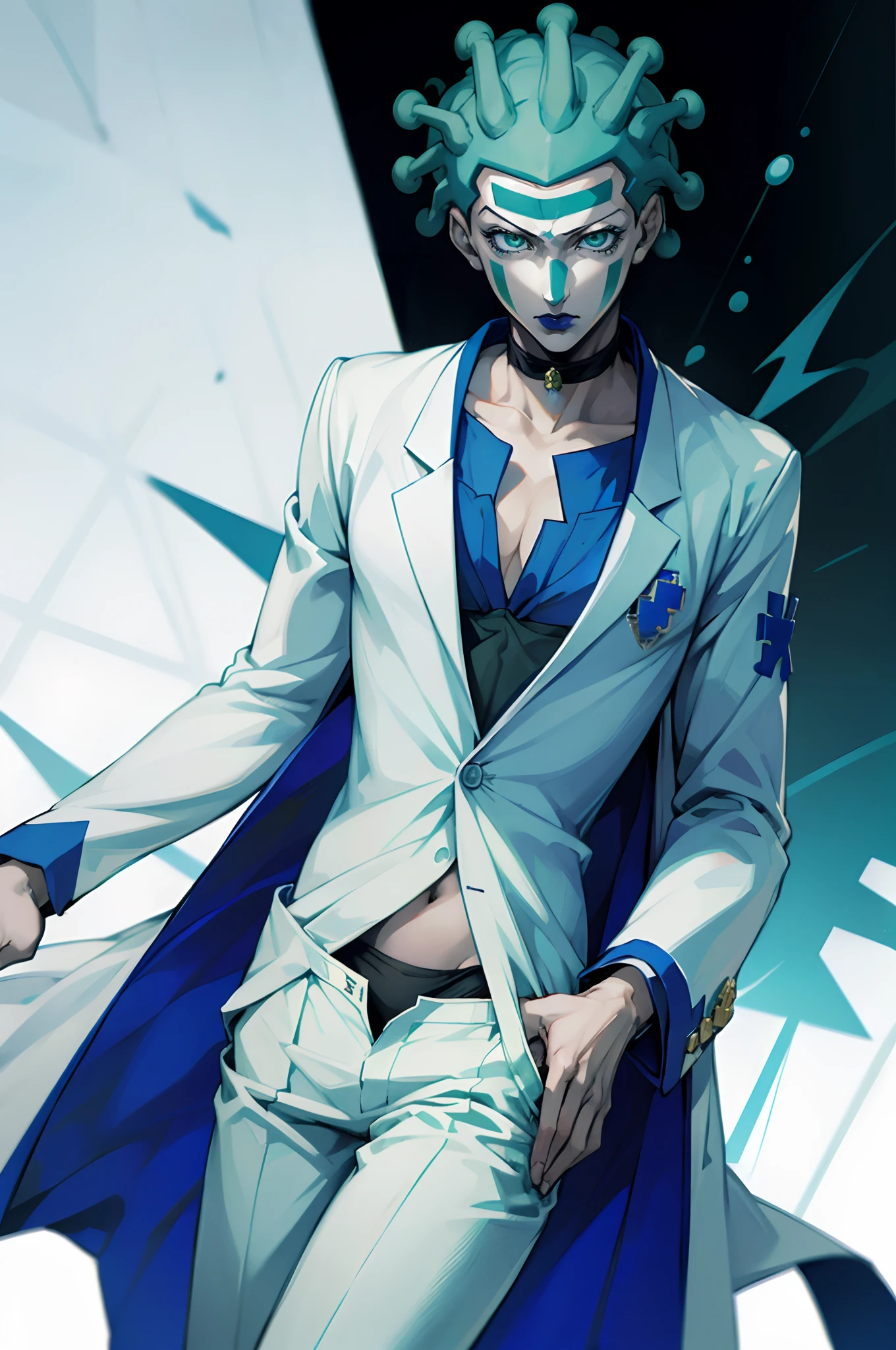 Cioccolata, doctor, white pants, white overcoat, blue shoes, blue lipstick, green eyes, (green face makeup), green hair, 1boy, solo, male focus, blue cross on shirt, blue arm cuffs, one strap thong, choker, cowboy shot