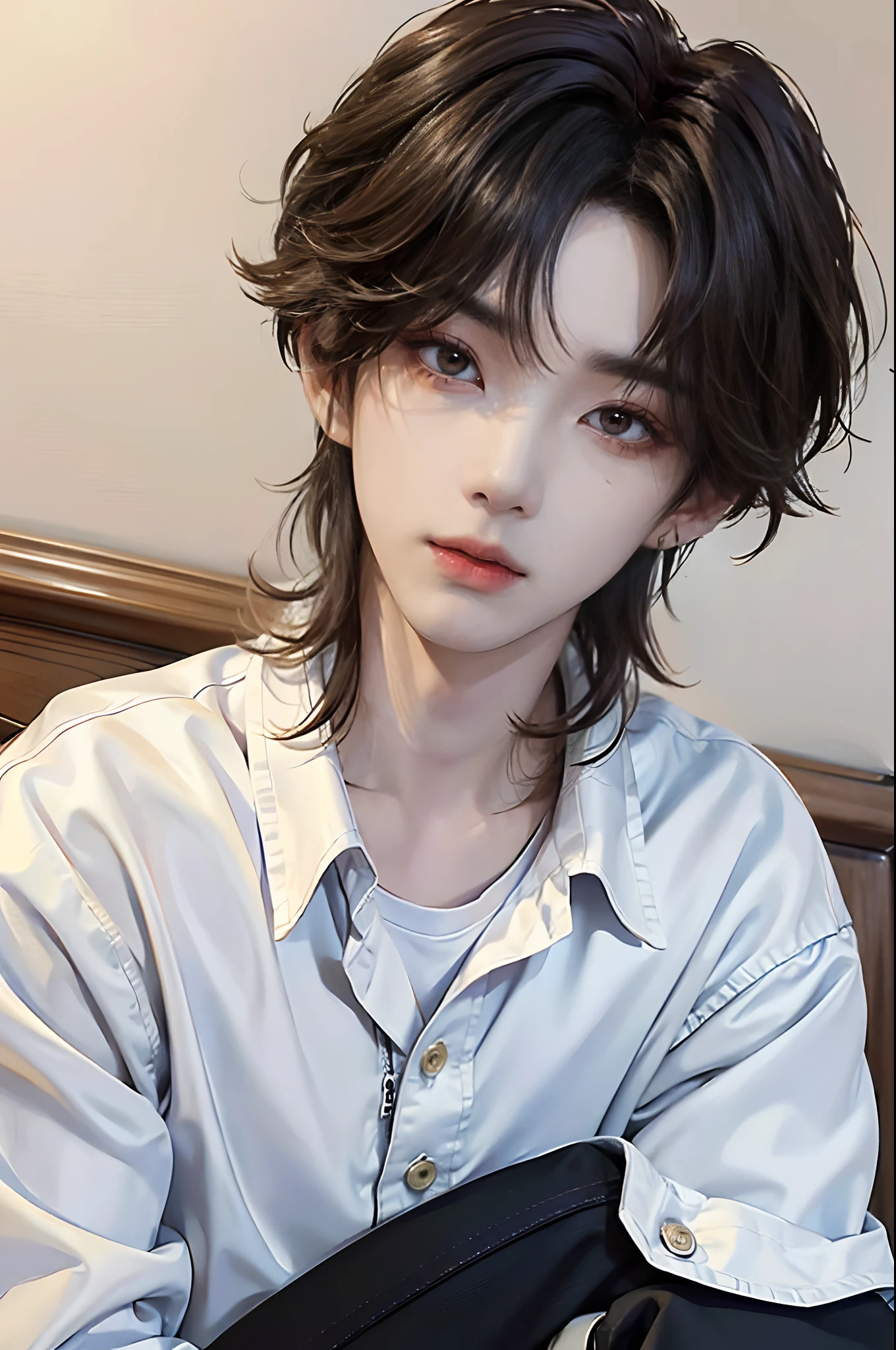 masterpiece、(top-quality)、((high-level image quality))、One Manly Boy、((White Y-shirt and long black pants))、(Detailed beautiful eyes)、Stylish homeroom、Take a selfie while sitting with your back to the wall、Face similar to Chaewon in Ruseraphim、((short hair above the ears))、((Smaller face))、((Neutral face))、((Light brown eyes))、((Korean boy))、((18year old))、((Handsome man))、((Wild look))、((Korean Makeup))、((elongated and sharp eyes))、((selfy))、((Selfie near the face))、((Close-range shooting))