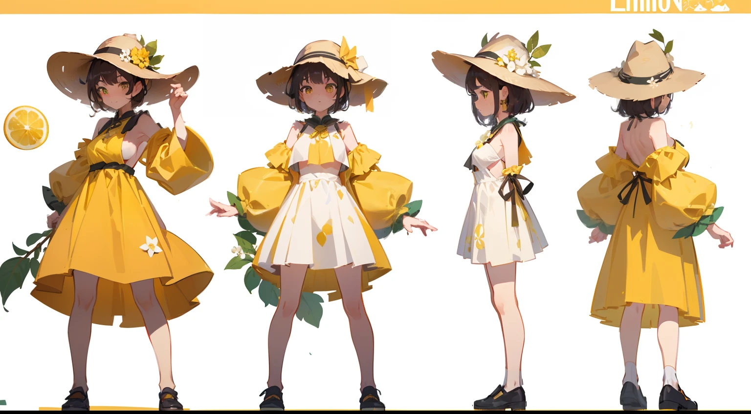 (Masterpiece), (Best Quality), sharp-focus, (Character design sheet, same character, full - body, side, backboob), illustartion, (Detailed hair, Detailed Face, Detailed body structure), ((1 woman, 独奏)), Perfect feminine face, Pose Zitai, The detailed nature of the design, The Lemon Witch:: short brown hair:: Lots of Lemon Flowers Detail:: Yellow lemon eyes:: The Yellow Hat of the Witch:: Lots of lemon on the hat:: a lot of white flowers on the hat:: Yellow-green dress :: The embodiment of lemon and white flowers:: (Simple background, whitebackground: 1.3)