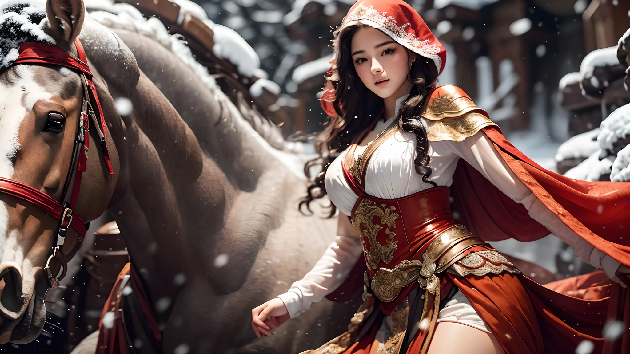 hyper HD, Realistic, Masterpiece, 1 beautiful girl, 18 years old, ride horse, Depth of field, battlefield, (Very short sexy clothing), period costume,All over red,Beautiful vows,long whitr hair,Cloak,A plump chest,voluptuous figure,short skirt,In heavy snow,Low-cut clothing