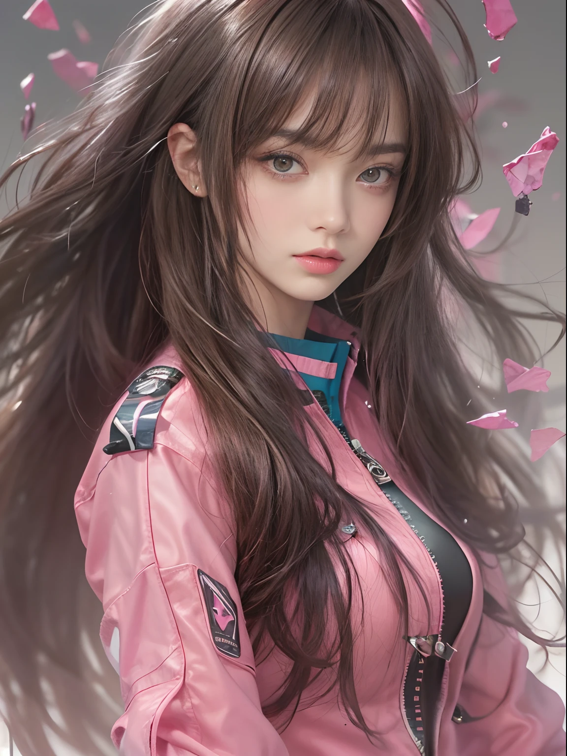 (Highest resolution, distinct_image) Best quality, A masterpiece of women, Highly detailed, Half realistic,,Pink Long Hair, bangs, 18 years old, Young,Black accessories,Pink-purple flight suit,stand-up collared shirt,sharpy face,(Brown eyes, hair between eye), Fluorescent long coating (Broken glass),(Plain white background),Cold, Serious,authoritative,Powerful,(Standing painting),(Exquisite facial features, Exquisite facial features),full bodyesbian,blackstockings