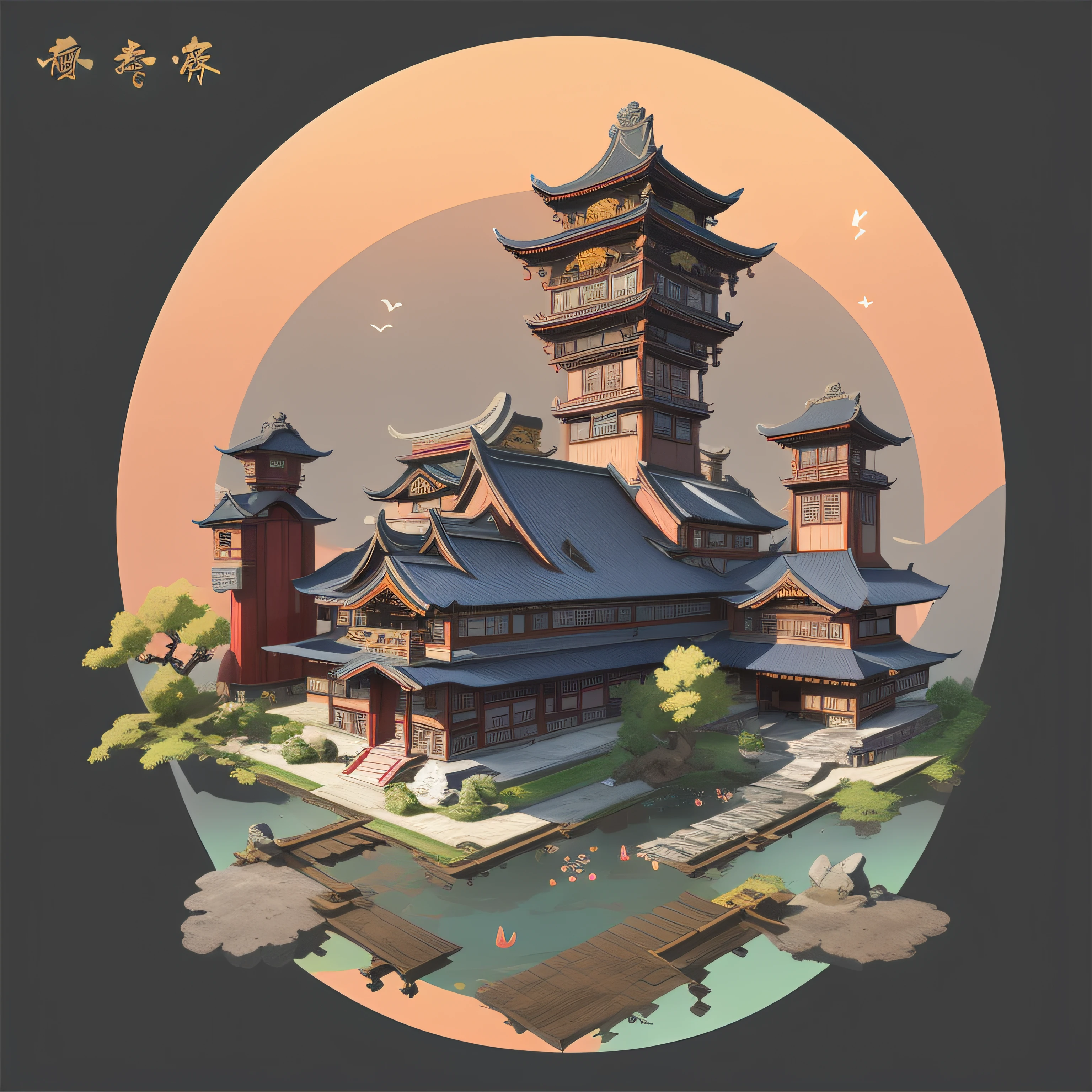 Game Icon Institute, Game icon, Classical Chinese red tones; Ancient Chinese style architecture; Lugar; Mortise and tenon structure;pathway, pond, Ethno-style architecture, peach blossom, forest, A rainbow streaks across the sky, stone wall, Dragon, Beautiful, Reasonable structure, Very high definition, Game icon, perfect works, (Masterpiece, Top quality, Best quality, offcial art, Beautiful and aesthetic: 1.2), (8K, Best quality, Masterpiece: 1.2).