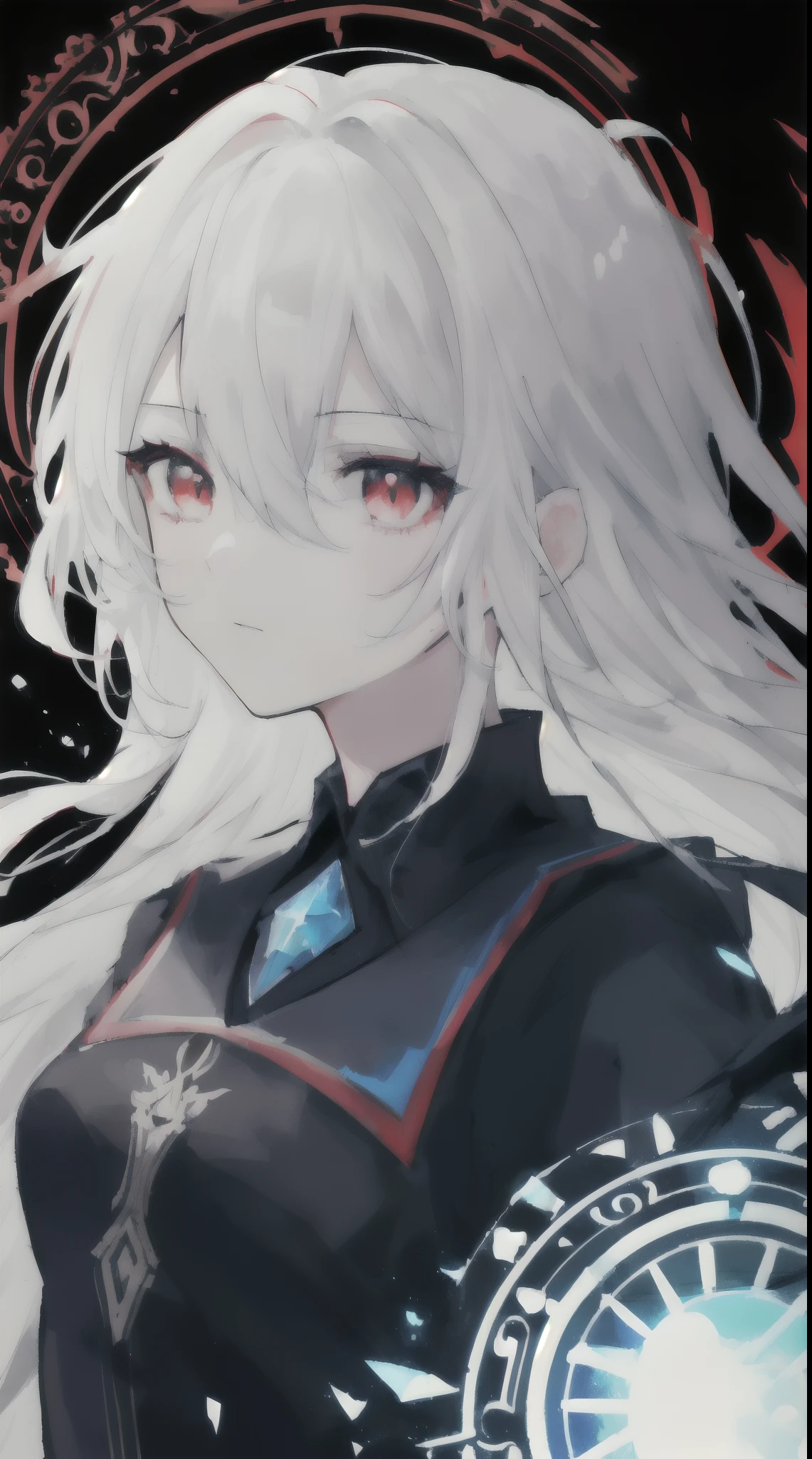 Anime wallpaper, (masterpiece, best quality, ultra-detailed, best shadow), (detailed background,dark fantasy), (beautiful detailed face), high contrast, (best illumination, an extremely delicate and beautiful), ((cinematic light)), hyper detail, dramatic light, intricate details, (1 girl, solo,white hair, sharp face, (blue and red eyes), hair between eyes, dynamic angle), swirling black light around the character, depth of field,black light particles,(broken ice),magic circle, long hair, dynamic pose