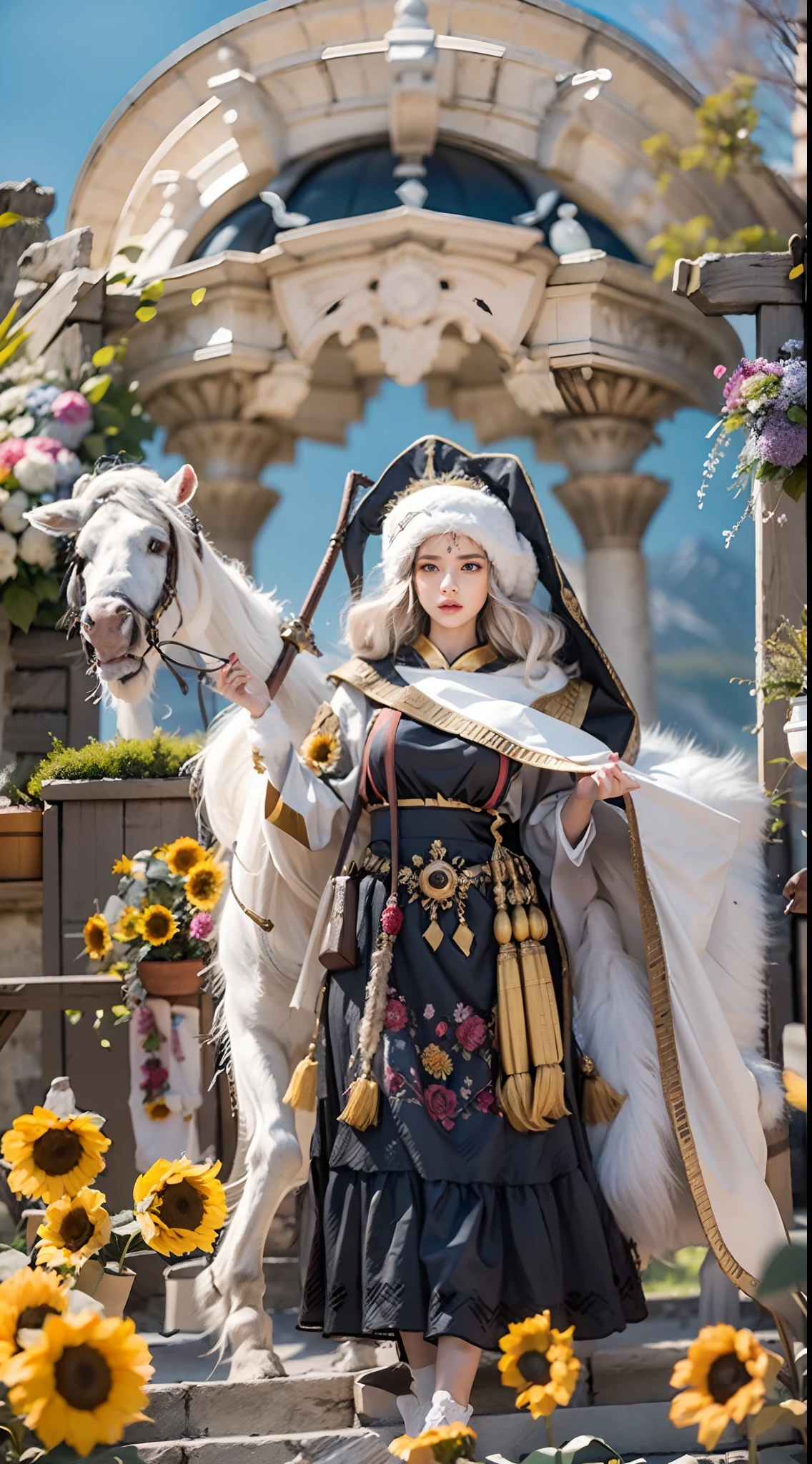 In a very grand scene,The extra-large wide-angle lens captures the appearance of a female centaur。She is a Sunflower Worship nun,Always opposed(Healing emoji smiley face of knitted sunflower puppet😊:99.99)DOA。She is tall,It has the ultimate curvy beauty,The muscles are slender and firm,Beautiful lines。She has(Super huge sky blue eyes:99.99)、always(Wearing sexy glasses:6.66)、(She wears solemn nun attire:9.9)、Stepping on a boot-style skyscraper-heel、A pink cross hangs on his chest。Use Midjourney's advanced tools,Designed for female centaurs(A knitted sunflower puppet and create a super healing cartoon smiley face in the center of the flower tray as a decoration:9.9),and noble and solemn nun costumes,and highlight her unique physiological characteristics and appearance details,Add realism。And in the context of her prayers and listening to confessions,Spectacular views of nature,Such as the sky where storms and sunny days alternate、Brilliant rivers of stars and auroras、The snow-capped summit of Mount Everest、Fireworks in the mountain town, etc。ao mesmo tempo,Away from the hustle and bustle next to the chapel,Create a fantastic scene。Use Midjourney's advanced tools and multiple color palettes、Brush Strokes、Texture tools and model packages,It shows a sense of atmosphere where beauty and charm coexist。The charm of the female centaur is highlighted through color and lines,Enhance realism with detailing,Create a surreal dreamy feeling。Additionally,Use Midjourney's tools to add various exorcism props and books to the female centaur、pergaminhos,Create intricate hairstyles and outfits,Give her a sense of premium。She never flinches,No matter what monster you encounter,can respond quickly,Even the most extreme armies of natural disasters and monsters could not stop her and her front(Sunflower with Tyndall effect that emits sunlight9.99)。Use Midjourney's powerful tools,You can do it with incredible detail and beauty,Bring this ultra-grand and beautiful scene to life。Ultra-grand sc