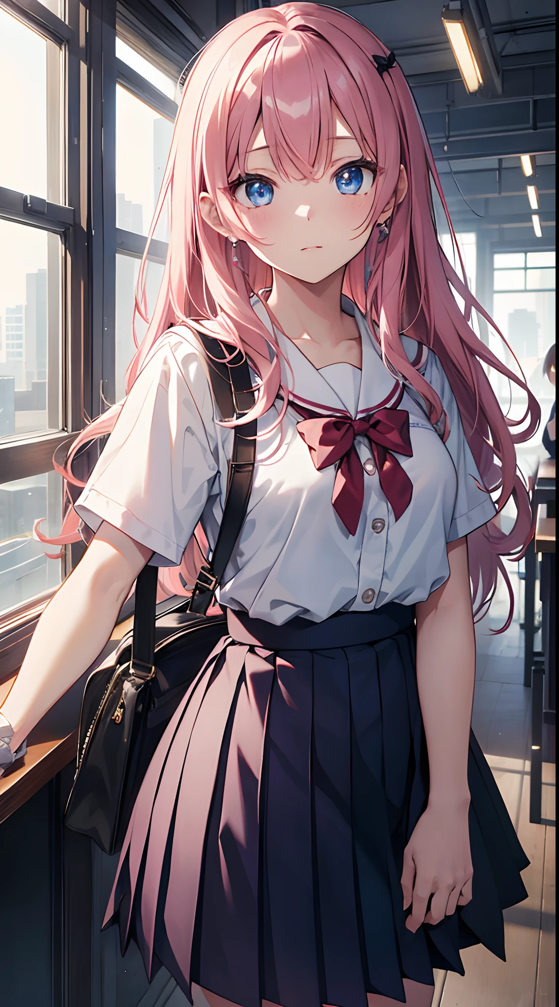 nodokaharamura, Nodoka Haramura, Blue eyes, Hair Bow, Long hair, Pink hair, Bow,
Blake Blue Skirt, Kiyosumi school uniform, Pleated skirt, School uniform, serafuku, Skirt,
BREAK looking at viewer,
Break indoors, crass room,
BREAK (masutepiece:1.2), Best Quality, High resolution, Unity 8k壁纸, (Illustration:0.8), (Beautiful detailed eyes:1.6), extra detailed face, Perfect Lighting, extremely details CG, (Perfect hands, Perfect Anatomy),