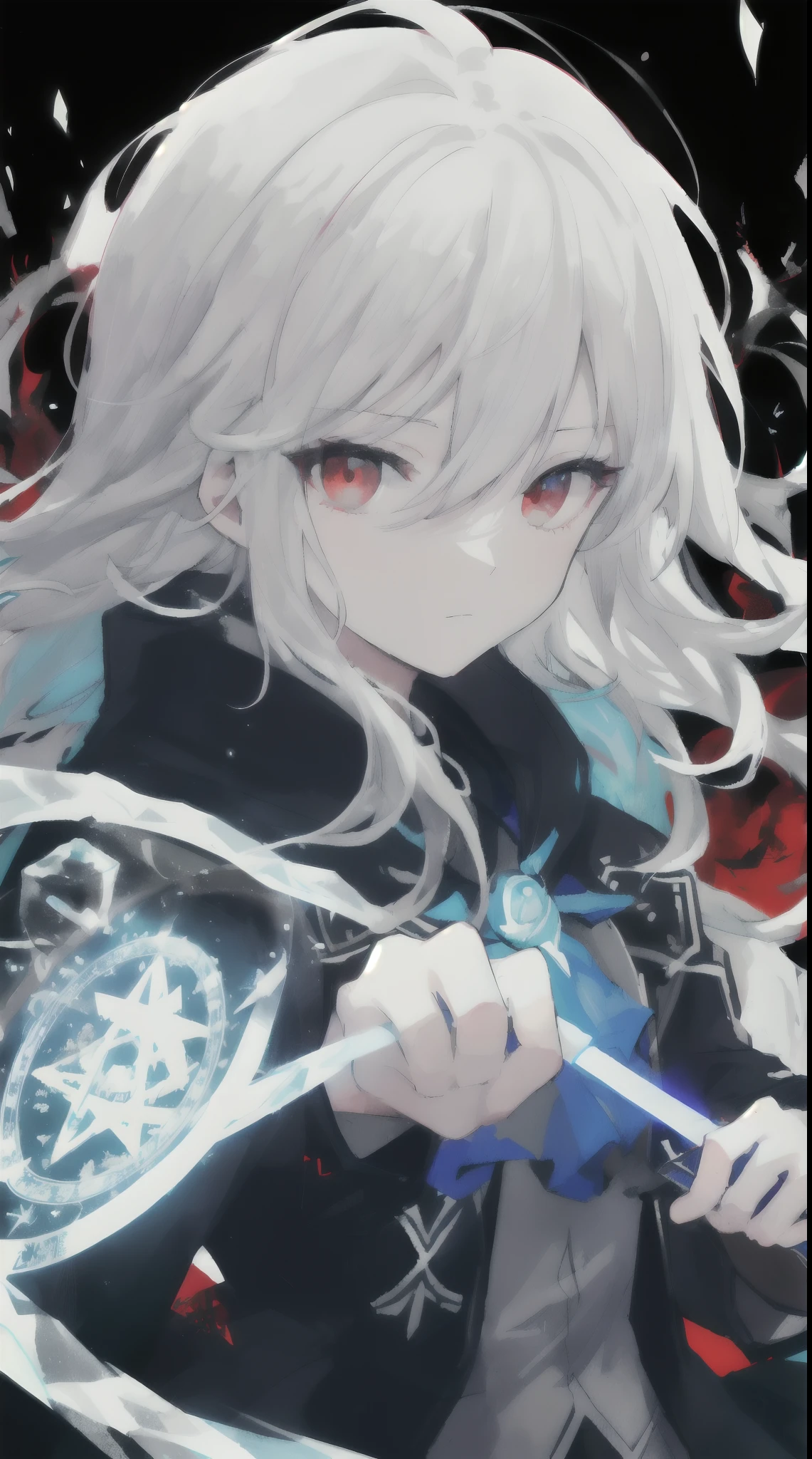Anime wallpaper, (masterpiece, best quality, ultra-detailed, best shadow), (detailed background,dark fantasy), (beautiful detailed face), high contrast, (best illumination, an extremely delicate and beautiful), ((cinematic light)), hyper detail, dramatic light, intricate details, (1 girl, solo,white hair, sharp face, (blue and red eyes), hair between eyes, dynamic angle), swirling black light around the character, depth of field,black light particles,(broken ice),magic circle, long hair, dynamic pose