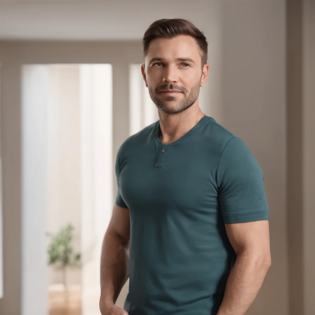 (Professional 3D rendering:1.3) de (Realistic:1.3) HOMEM, 40 ANOS, MORENO, usando camiseta, SENTADO, CENARIO DE FUNDO SALA ANTIGA