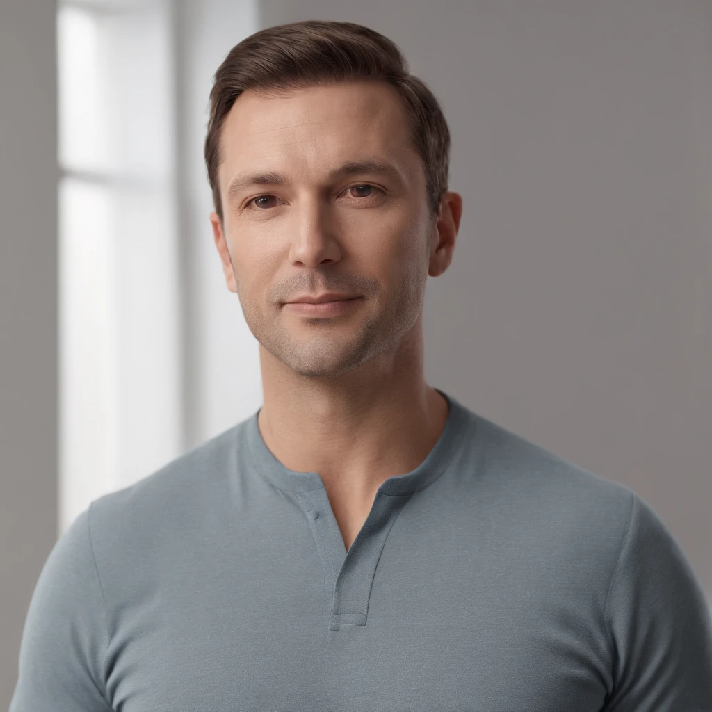 (Professional 3D rendering:1.3) de (Realistic:1.3) HOMEM, 40 ANOS, MORENO, usando camiseta, SENTADO, CENARIO DE FUNDO SALA ANTIGA