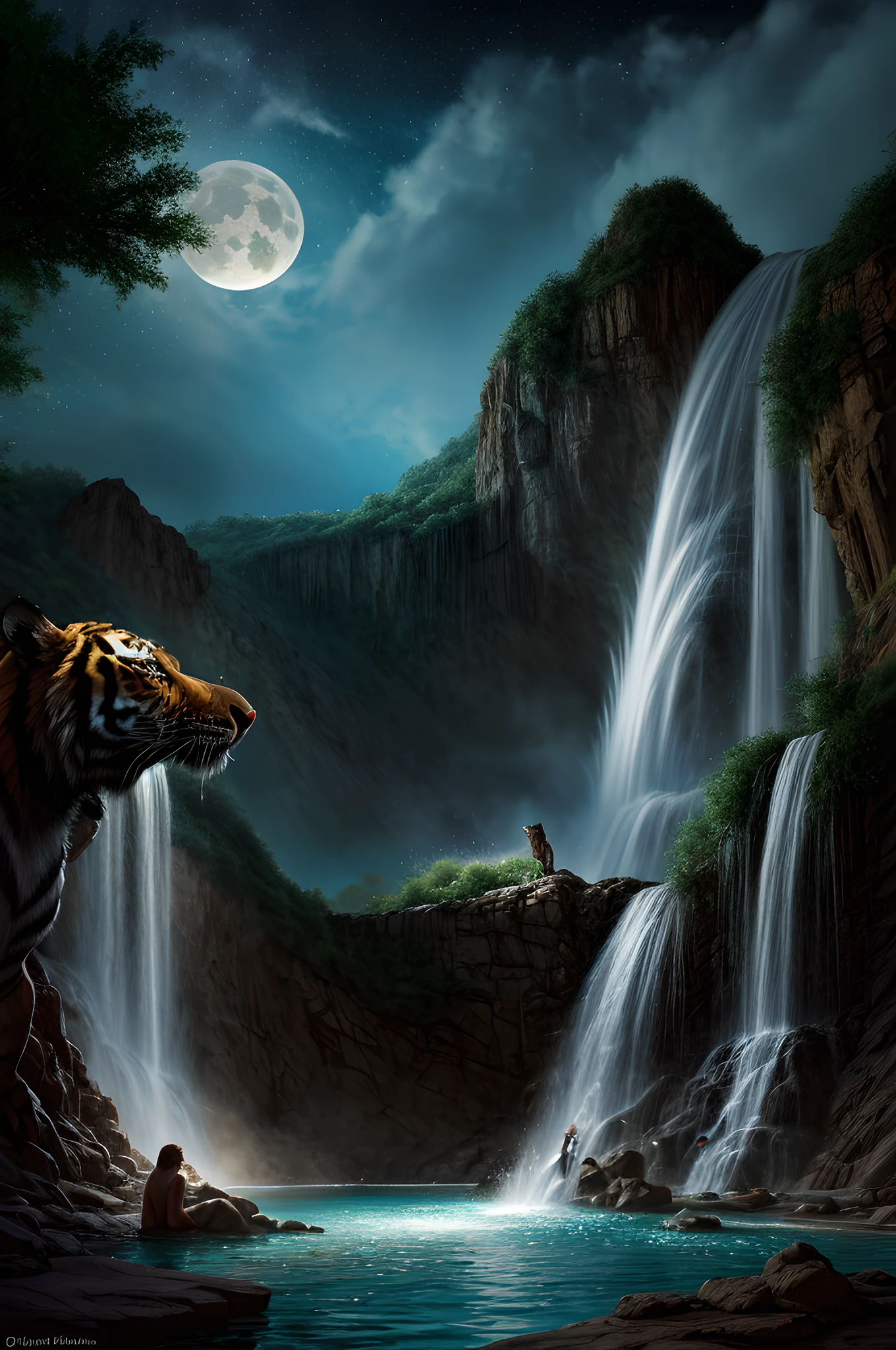 fantasy art, RPG art, an picture of an epic tiger resting near an epic sized waterfall in the desert at night, an epic tiger, big leopard, resting an viewing an (epic sized waterfall: 1.3) , water coming down from a desert cliff, water cascading into a large pool that reflects the moon and stars, you can see the water hitting the pool, drops of water splashing around, photorealistic, 16k, RAW, award winning, (best detailed: 1.5), masterpiece, best quality, (best detailed: 1.3), full body, ultra wide shot,