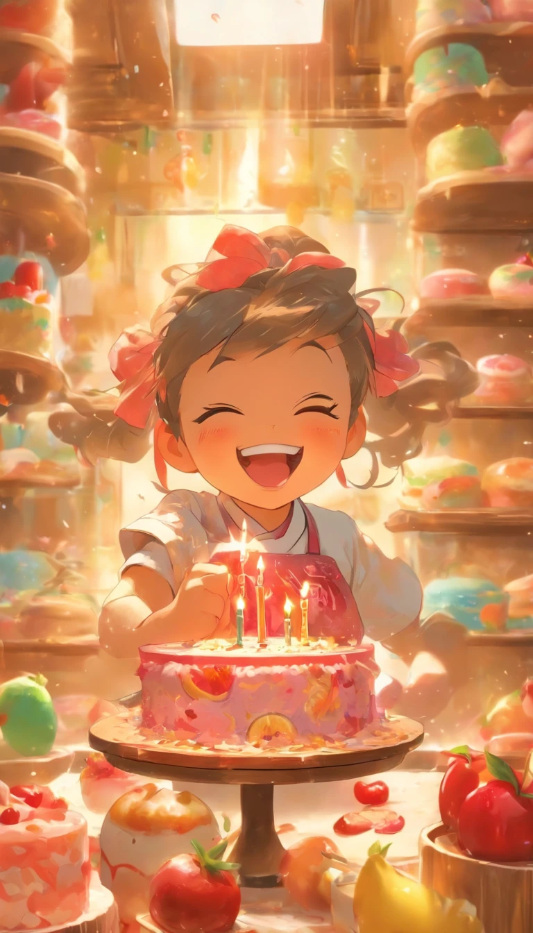 A cute  girl makes her own birthday cake in a cake shop，Japanese manga style，The birthday cake is huge，It is covered with a lot of fruit，There are cherries，morango，lemons，chocolate bar，Littlewearing chef apron with chef's hat，Laugh playfully，Japanese healing system