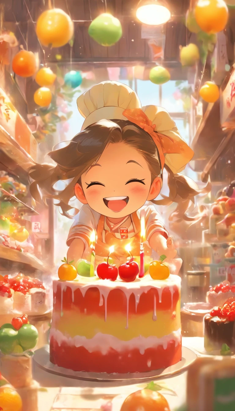 A cute makes her own birthday cake in a cake shop,Japanese manga style,The birthday cake is huge,It is covered with a lot of fruit,There are cherries,morango,lemons,chocolate bar,Little girlef apron with chef's hat,Laugh playfully,Japanese healing system