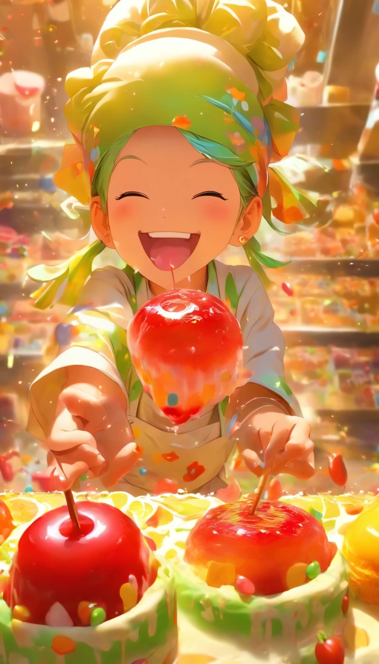 A cute little girl makes her own birthday cake in a cake shop，Japanese manga style，The birthday cake is huge，It is covered with a lot of fruit，There are cherries，morango，lemons，chocolate bar，Little girl wearing chef apron with chef's hat，Laugh playfully，Japanese healing system