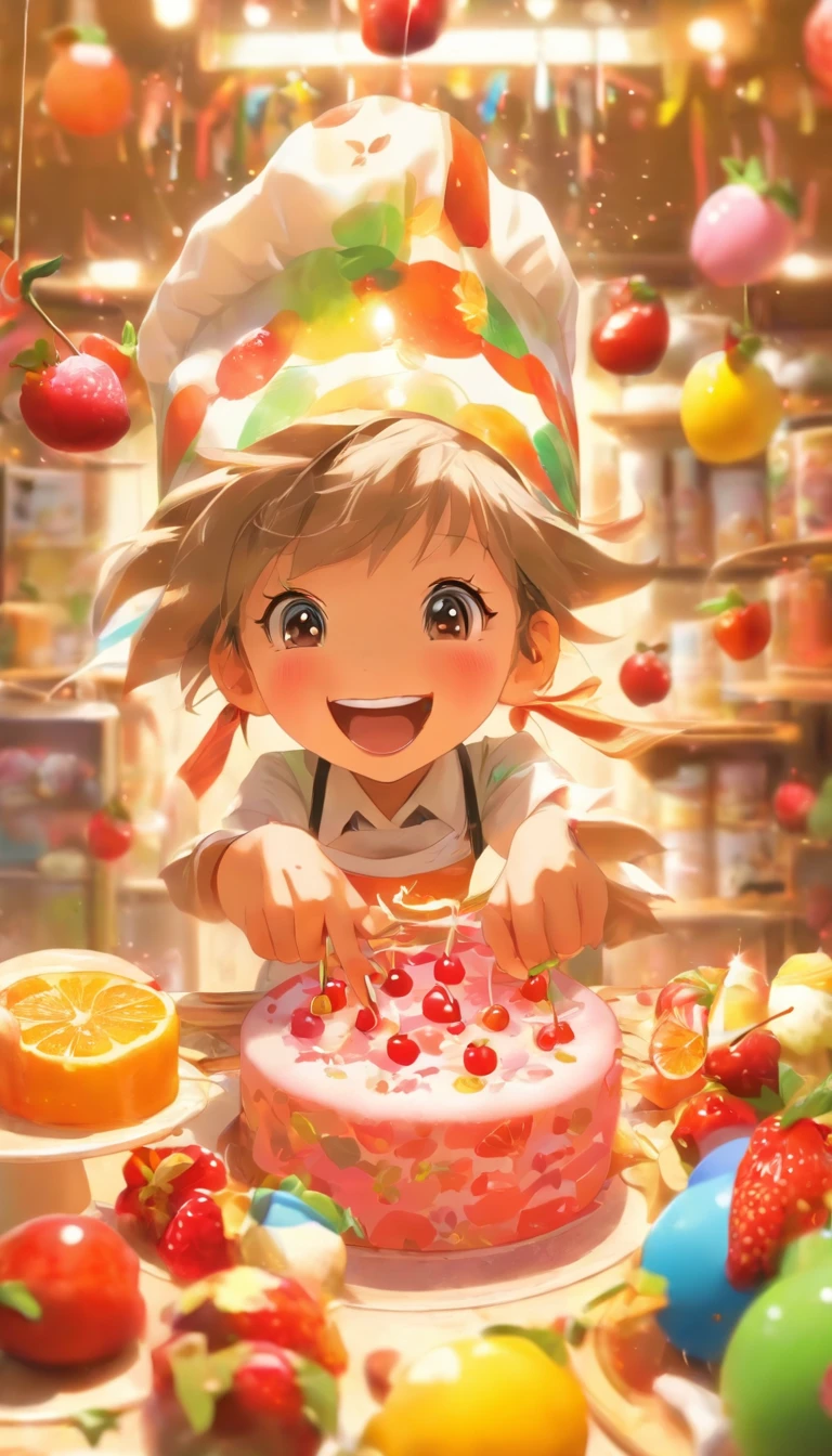 A cute little girl makes her own birthday cake in a cake shop，Japanese manga style，The birthday cake is huge，It is covered with a lot of fruit，There are cherries，morango，lemons，chocolate bar，Little girl wearing chef apron with chef's hat，Laugh playfully，Japanese healing system