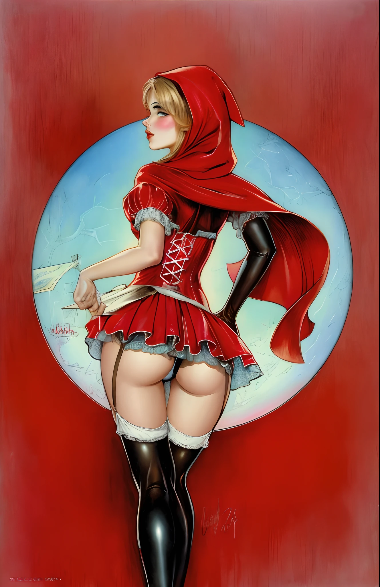 um desenho de uma mulher com um capuz vermelho e meias brancas, thief red riding hood, Chapeuzinho Vermelho, Chapeuzinho Vermelho, zenescope, capa vermelha brilhante em suas costas, full-colour illustration, fofosexyrobutts, yoshitakka amano Karol Bak, Jean-Sebastien Rossbach, Arte Pinup, high quality colored sketch