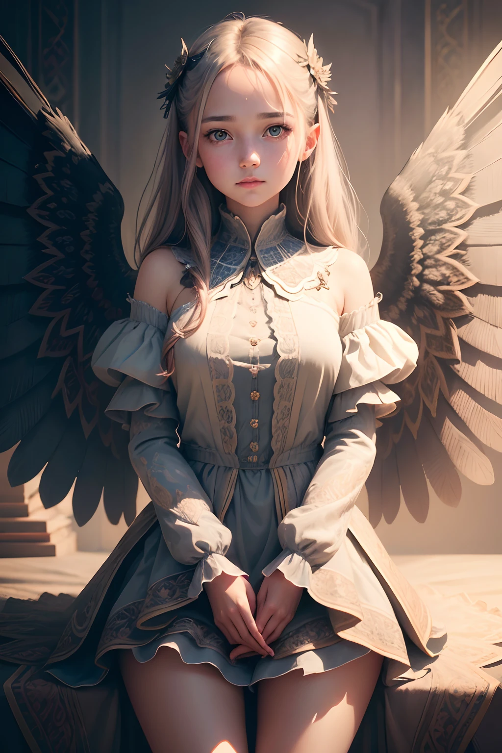 Highly detailed portrait of a girl with wings, symmetrical face, symmetrical eyes, looks into the camera, stunning photography, photorealistic, art station, soft pastel colours, highly detailed, intricate, path tracing, illustration, insanely detailed, shadow mapping volumetric light, specular lighting