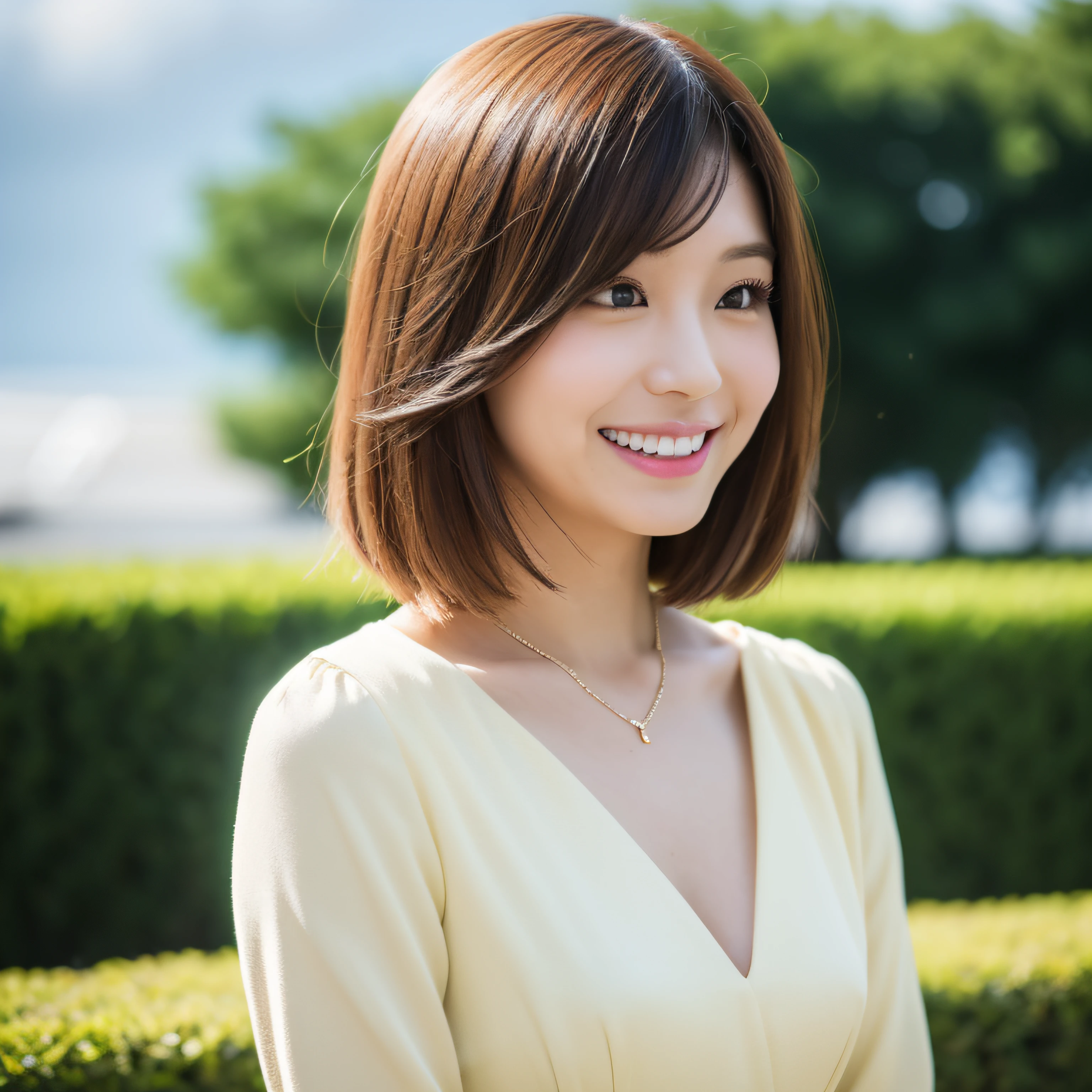 ((masutepiece,Best Quality)),1girl in,Solo, (((Chisato Nishiki))), Short hair, Light yellow hair, Solo, Dress, Detail Eyes, Looking at Viewer, Long sleeves, Standing, White Dress, gloves,Hair Ornament, Black jacket, Smile, Floating hair, Dutch Angle, Closed mouth, Looking away, (Center Park),Cloudy sky, Blue sky, warm color,
