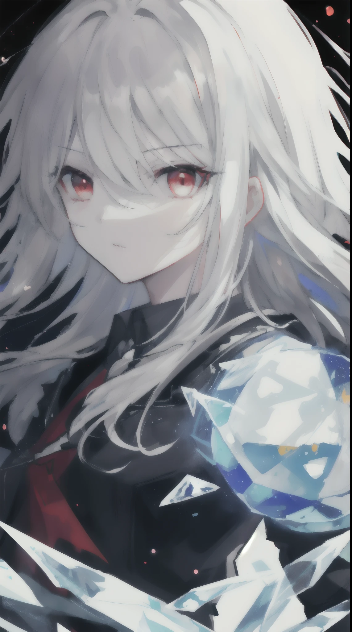 Anime wallpaper, (masterpiece, best quality, ultra-detailed, best shadow), (detailed background,dark fantasy), (beautiful detailed face), high contrast, (best illumination, an extremely delicate and beautiful), ((cinematic light)), hyper detail, dramatic light, intricate details, (1 girl, solo,white hair, sharp face, (blue and red eyes), hair between eyes, dynamic angle), swirling black light around the character, depth of field,black light particles,(broken ice),magic circle, long hair, dynamic pose