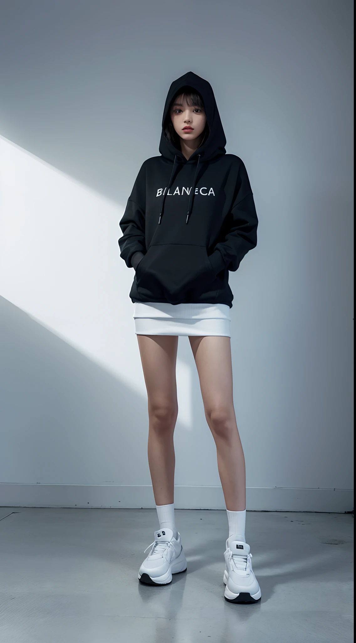 Standing woman wearing a black Balenciaga hoodie, fashion model, stunning style, white background, model studio