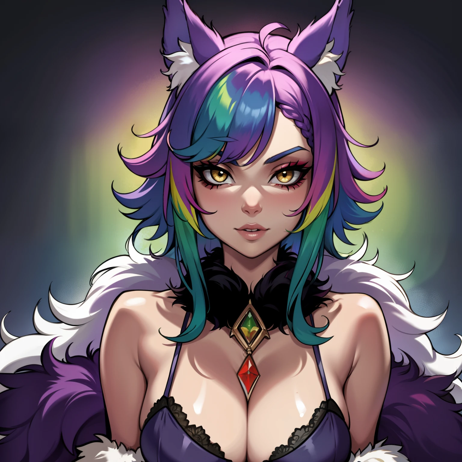 female wearing colorful fur lined lingerie, has rainbow hair, fair skin, wearing colorful fur lined sheer robe, portrait, alone, solo, portrait, has big fluffy wolf ears