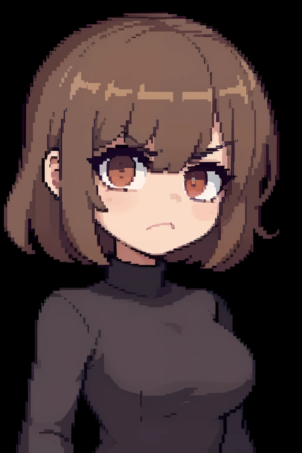 female, 1girl,solo, looking at you, angry, headshot, bust, portrait, dark brown hair, brown eyes, black background, pixelated, sprite sheet, ((pixel:0.9)), solo, ((sprite:1.0)), short hair, messy hair, turtleneck, ((bangs over one eye:1.1)), hair covering one eye