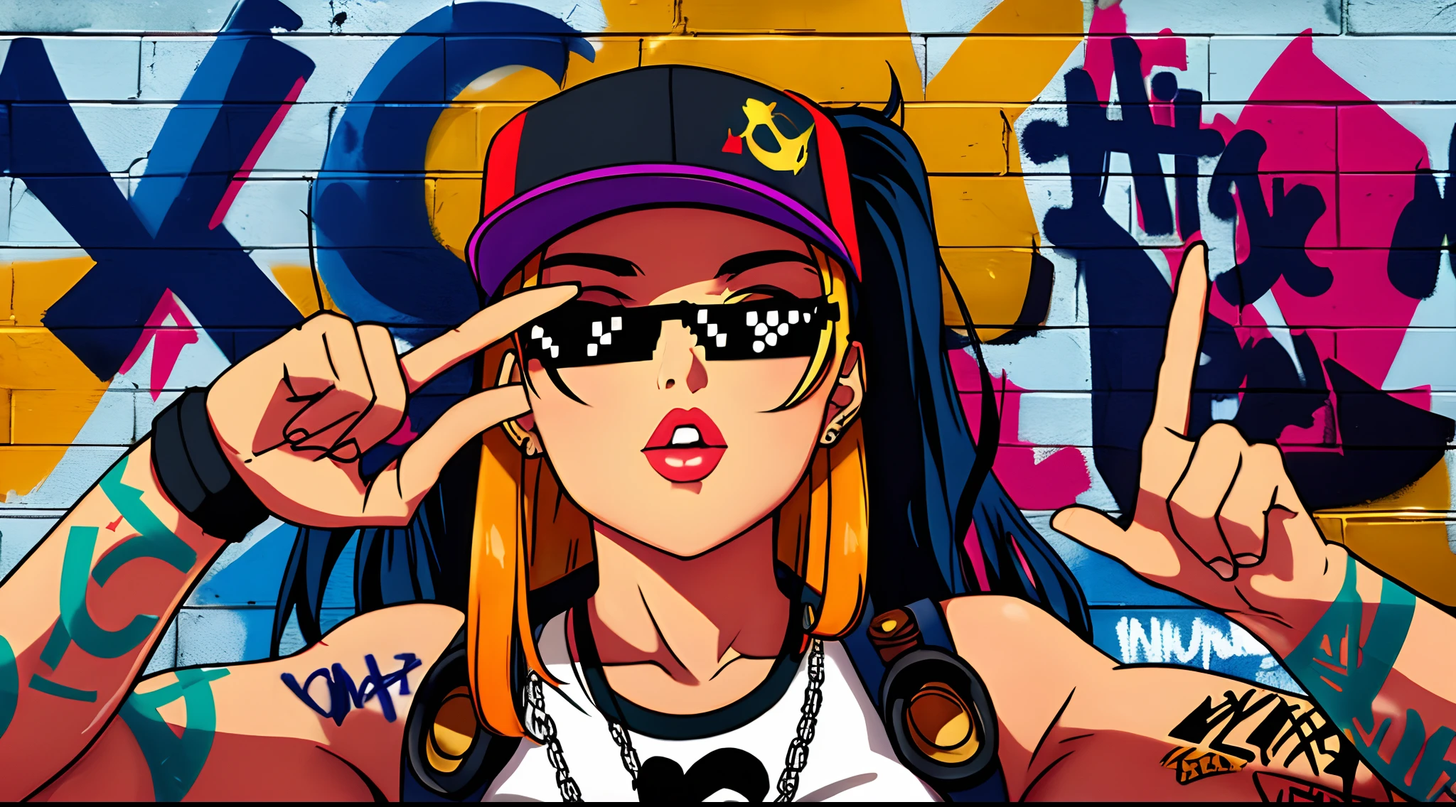 (hip hop scene) a hip hop confidant badass girl graffiti artist DealWithIt badass selfie pose on graffiti wall pov
from below