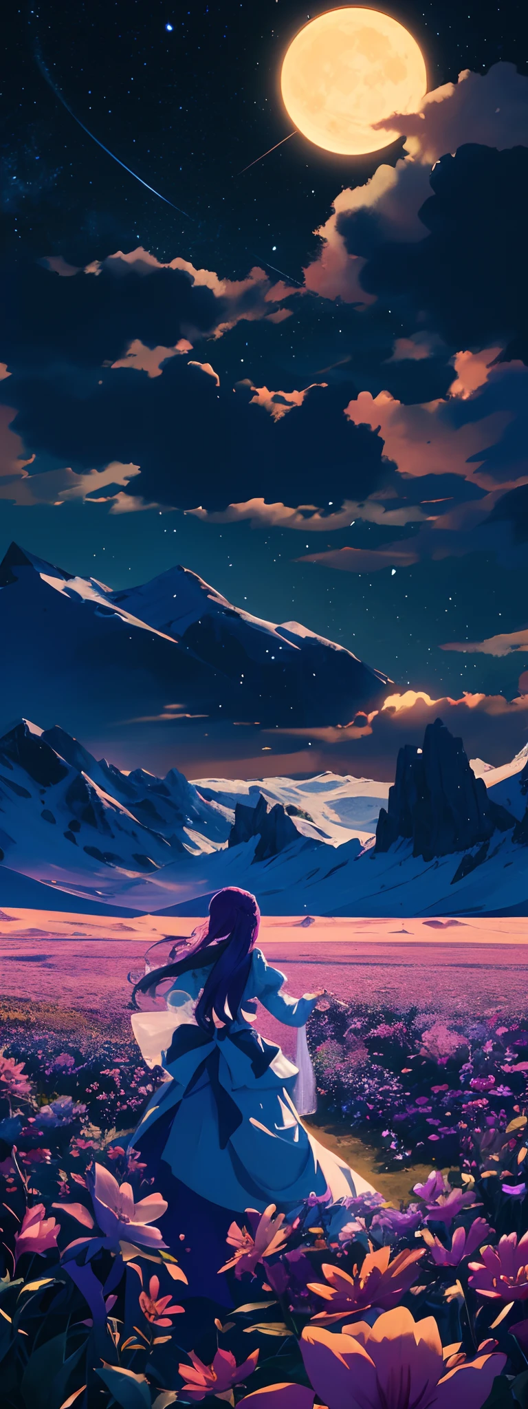 Expansive landscape photograph，（look from down，Above is the sky，Below are open fields），A girl standing on a flower field looking up，（moon full：1.2），（meteors：0.9），（Starcloud：1.3），The huge snowy mountain backdrop towering over the sky occupies almost the entire frame，Looming architecture is imminent, Tree BREAK making art，（Warm light source：1.2），（glowworm：1.2），lamp lights，Lots of purple and orange，Complicated details，Volumetriclighting，Surrealist breakthrough（tmasterpiece：1.2），（best qualtiy），4K，Ultra-detailed，（dynamic compositions：1.4），The is very detailed，Colorful details，（Irridescent color：1.2），（luminouslighting，Atmospheric lighting），dream magical，magical，（独奏：1.2）