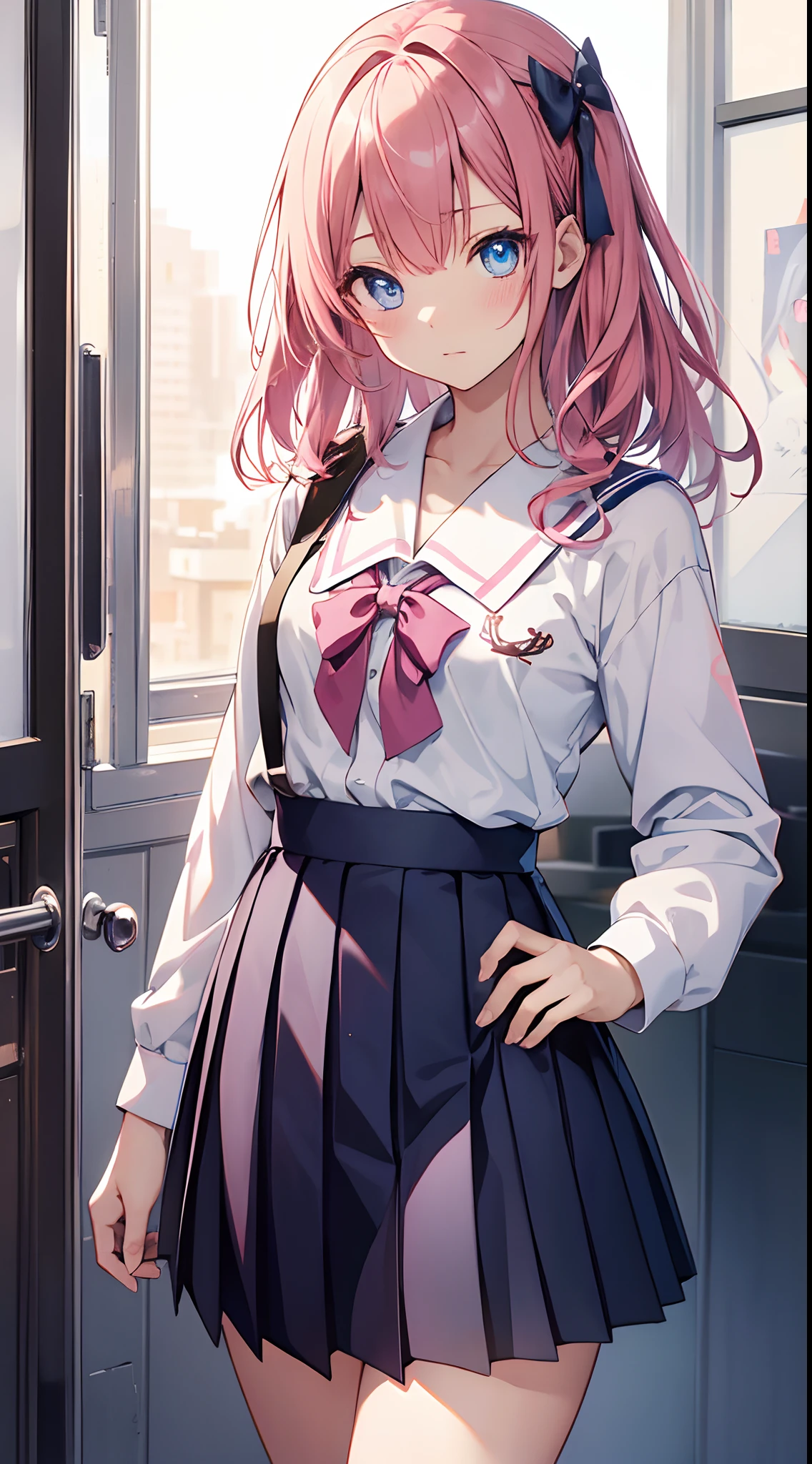 (masterpiece:1.3, top-quality, ultra high res, ultra detailed), (realistic, photorealistic:1.4), beautiful illustration, perfect lighting, natural lighting, colorful, depth of fields, surrealism,
beautiful detailed hair, beautiful detailed face, beautiful detailed eyes, beautiful clavicle, beautiful body, beautiful chest, beautiful thigh, beautiful legs, beautiful fingers, shiny skin,
looking at viewer, 1 girl, japanese, high school girl, (perfect anatomy, anatomically correct, super detailed skin), cute and symmetrical face, babyface, perfect face, perfect eyes,
(middle hair, two side up, pink hair), crossed bangs, purple eyes, drooping eyes, big eyes, long eyelashes, (large breasts, seductive thighs, skindentation), slender, outstanding style,
((detailed cloth texture, white collared shirt, blue pleated skirt, dark red neck ribbon), black thigh-highs, loafer),
(beautiful scenery), late afternoon, (school rooftop), standing, hands on chest, (lovely smile, upper eyes, open mouth small),