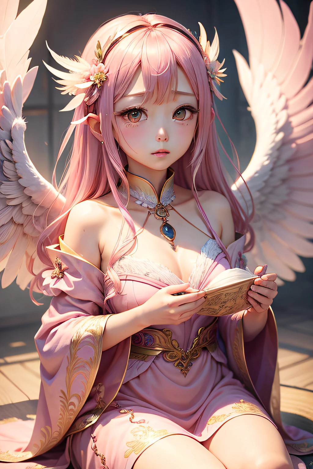 angelicales、Has feathers、pink there、Eyes are moist、Empty background、Goddess of Luck、cute