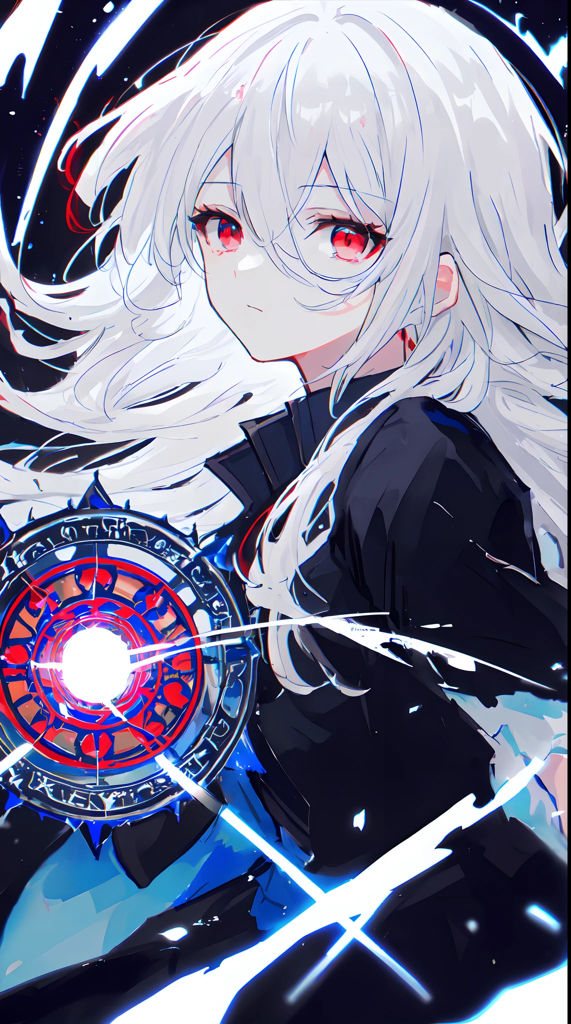 Anime wallpaper, (masterpiece, best quality, ultra-detailed, best shadow), (detailed background,dark fantasy), (beautiful detailed face), high contrast, (best illumination, an extremely delicate and beautiful), ((cinematic light)), hyper detail, dramatic light, intricate details, (1 girl, solo,white hair, sharp face, (blue and red eyes), hair between eyes, dynamic angle), swirling black light around the character, depth of field,black light particles,(broken ice),magic circle, long hair, dynamic pose
