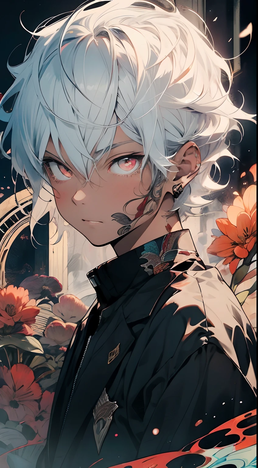 realisticlying,(tmasterpiece,top Quority,best qualtiy,offcial art,Beauty and aesthetics:1.2),The is very detailed,s fractal art,Colorful,Most detailed,zentangle,(abstract backgrounds:1.5)(1boys:1.3),Kamimei,White color hair,short detailed hair,(luminous red eyes),mistic,(magia),火焰,Handsome man
