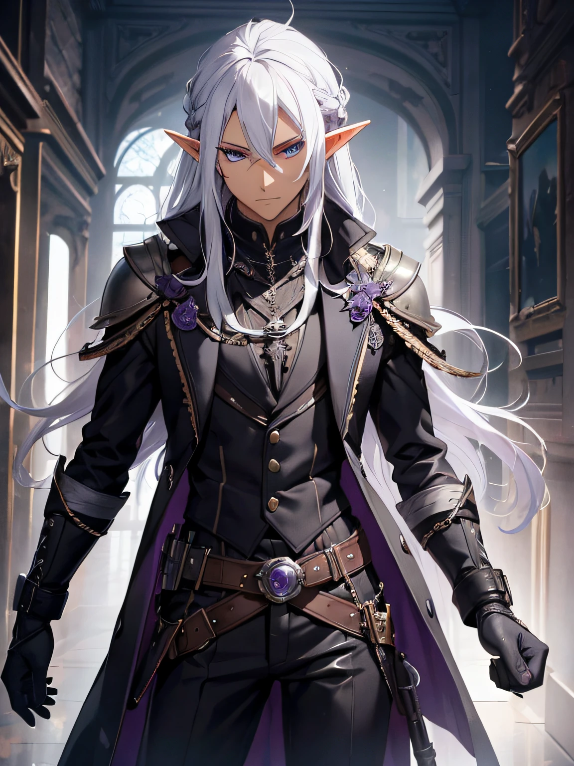 dark grey skin, elf, long white hair, purple irises, holding steampunk revolver