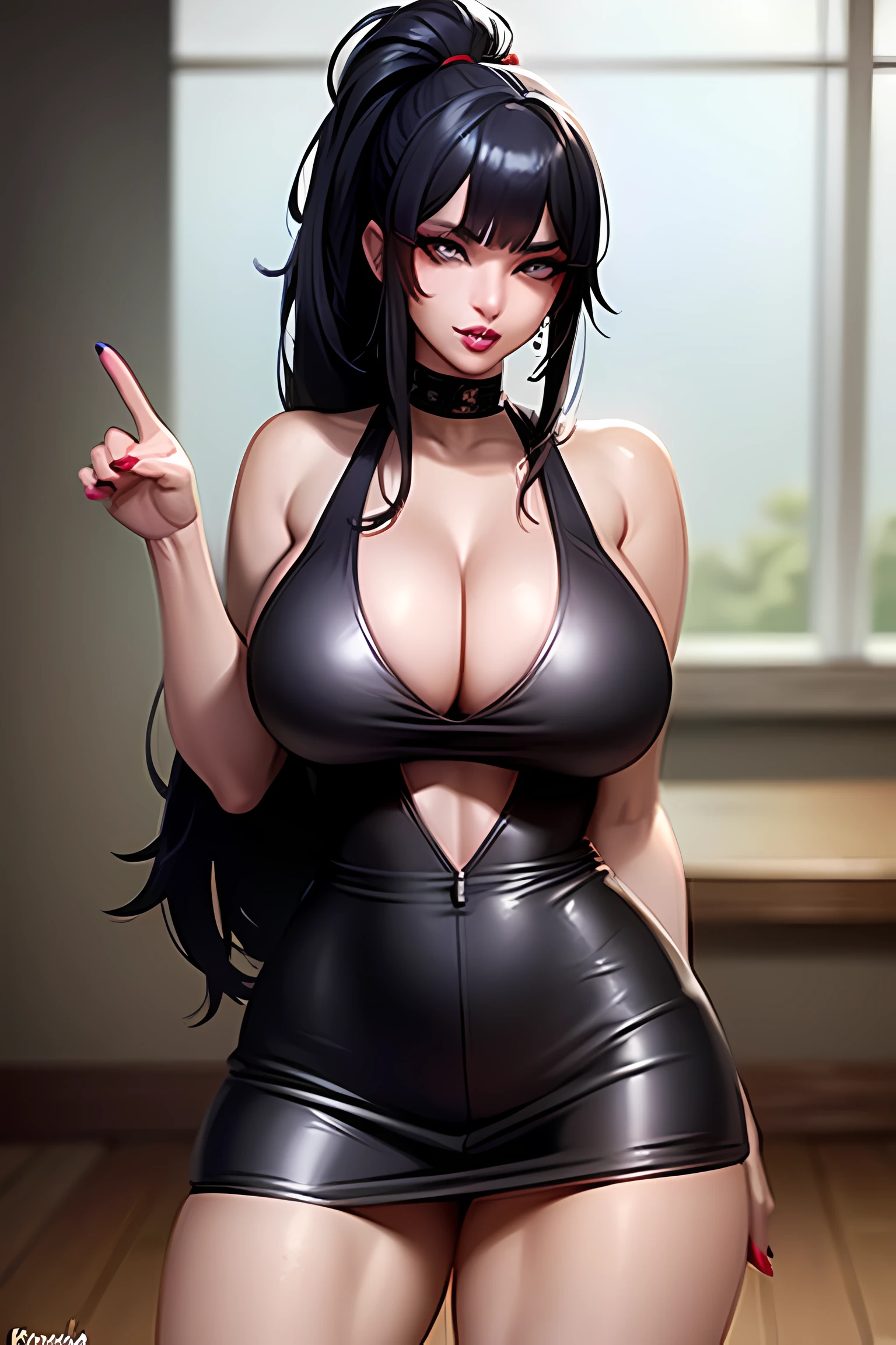 black hair with blue highlights, ponytail with bangs, seductive expression, black lipstick, heavy mascara, extremely thick eyeliners, (full body, detailed face), HD, huge breasts, detailed cleavage, looking at the viewer, double peace sign, standing, bedroom, 1girl, masterpiece, lisa \(genshin impact\)