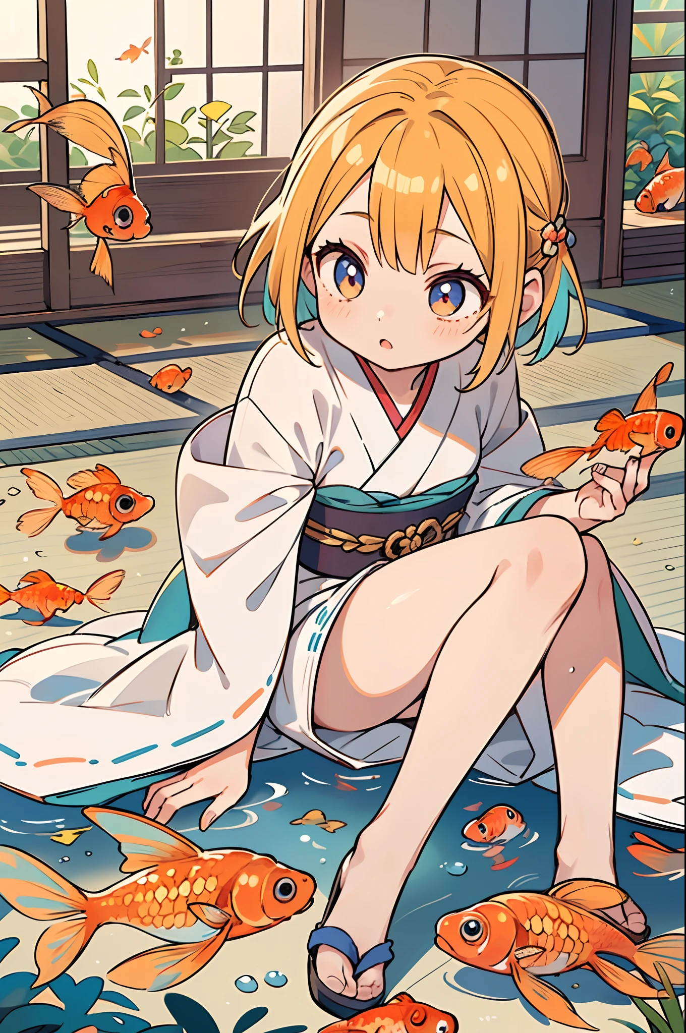 (masutepiece:1.2),(Best Quality:1.1),(Ultra-detailed:1.1),(Realistic:1.2),(Colorful:1.2),(Young girls:1.3),(Japanese:1.1),(Clothing samples:1.1),(Girls playing with goldfish scoop:1.3),(Colorful contact lenses:1.2),(FULL BODYSHOT:1.2),(Summer:1.1)
