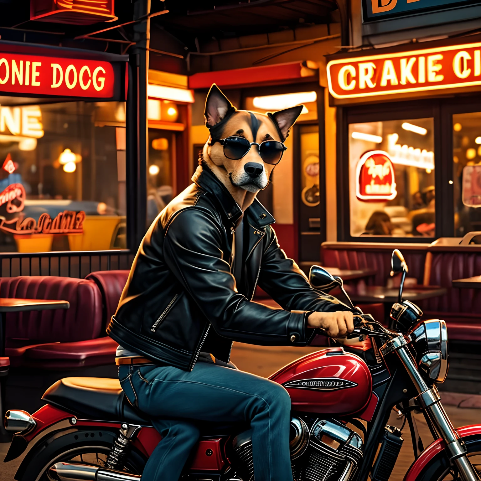 Create an image of a dog wearing a leather jacket and sunglasses, sitting on a motorcycle in front of a diner. The dog has a sad and lonely expression, as if he is waiting for someone who never shows up. The diner has a neon sign that says “Port Alveridge”. The image should have a realistic and detailed style, similar to the paintings of Ivan Clarke, the artist of the Lonely Dog. Use warm and vibrant colors to contrast the mood of the dog.