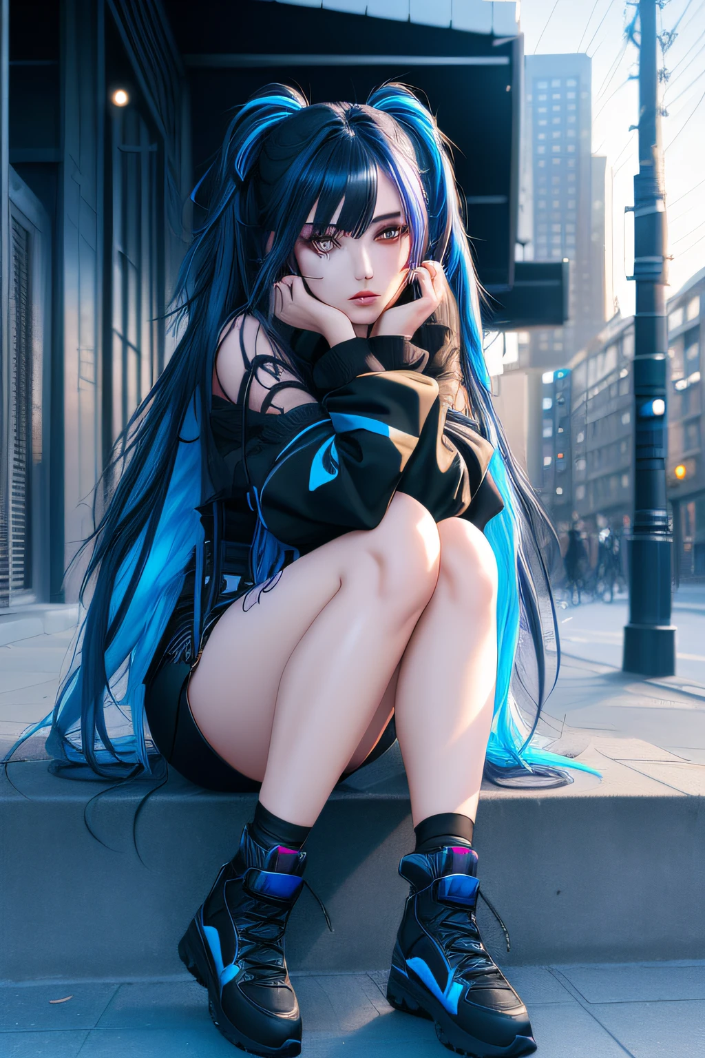 A woman sitting on metal stairs to climb a small bridge to cross a road in the middle of a street. She has an aggressive and urban look, her clothes have fluorescent colors and she wears strange metallic ornaments. She is in a somewhat gray and unkept place. ((La mejor calidad))