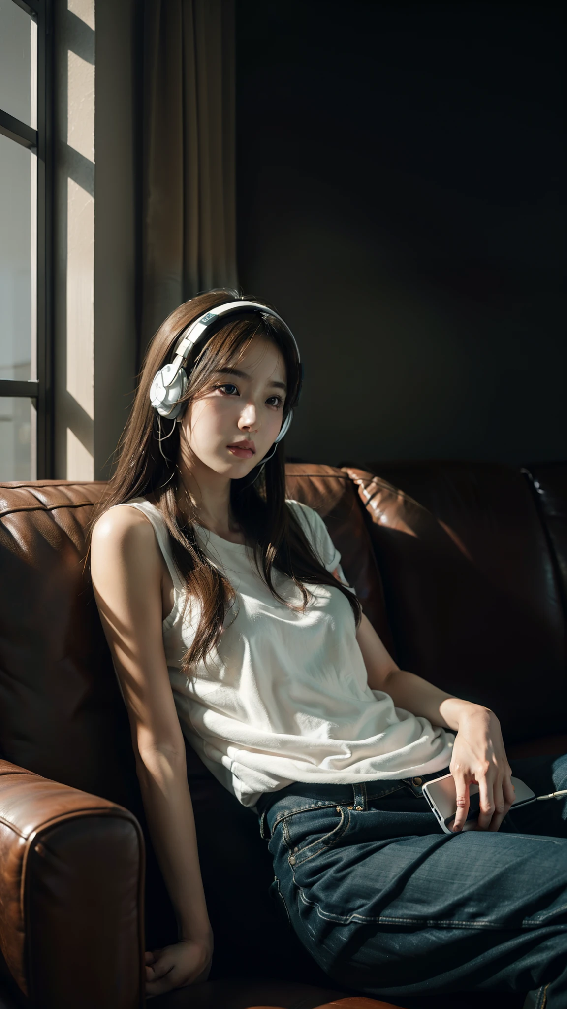 There was a woman sitting on a sofa wearing headphones, a photorealistic painting inspired by Ayami Kojima, Trend of CGsociety, Digital art, Realistic art style, with headphone, Photorealistic art style, Casual pose, photo-realistic low lighting, Photorealsitic, with headphone, realistic soft lighting