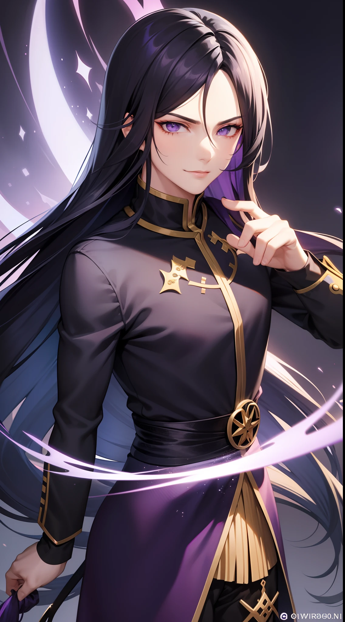 Grown-up guy, Long black hair, violet eyes, smirk, Fiadem, Purple Royal Ninja, Gold Elements, Masterpiece, hiquality, 4k, HD, Good detail