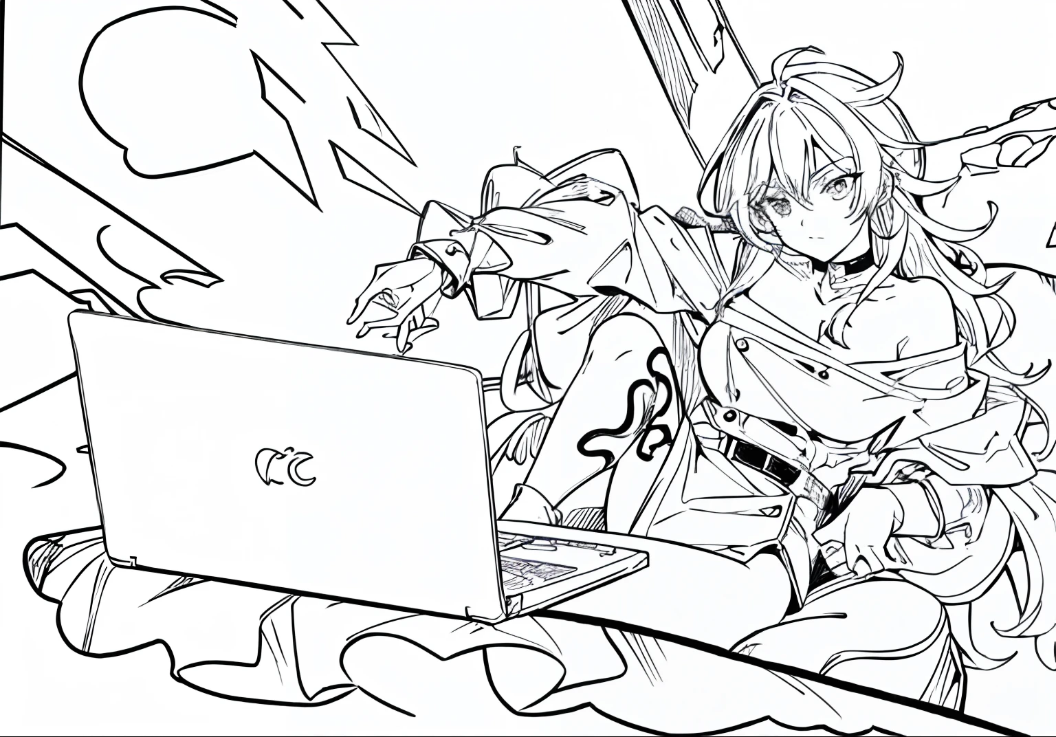 Cartoon character sitting on sofa holding laptop, intense line art, thick lineart, drawn in the style of mark arian, stylized linework, coloring book page, coloring page, intense black line art, random background scene, Comic Panels, Simple lines of art, detailed but rough, bold lineart, Official illustration, Line art!!, concept piece