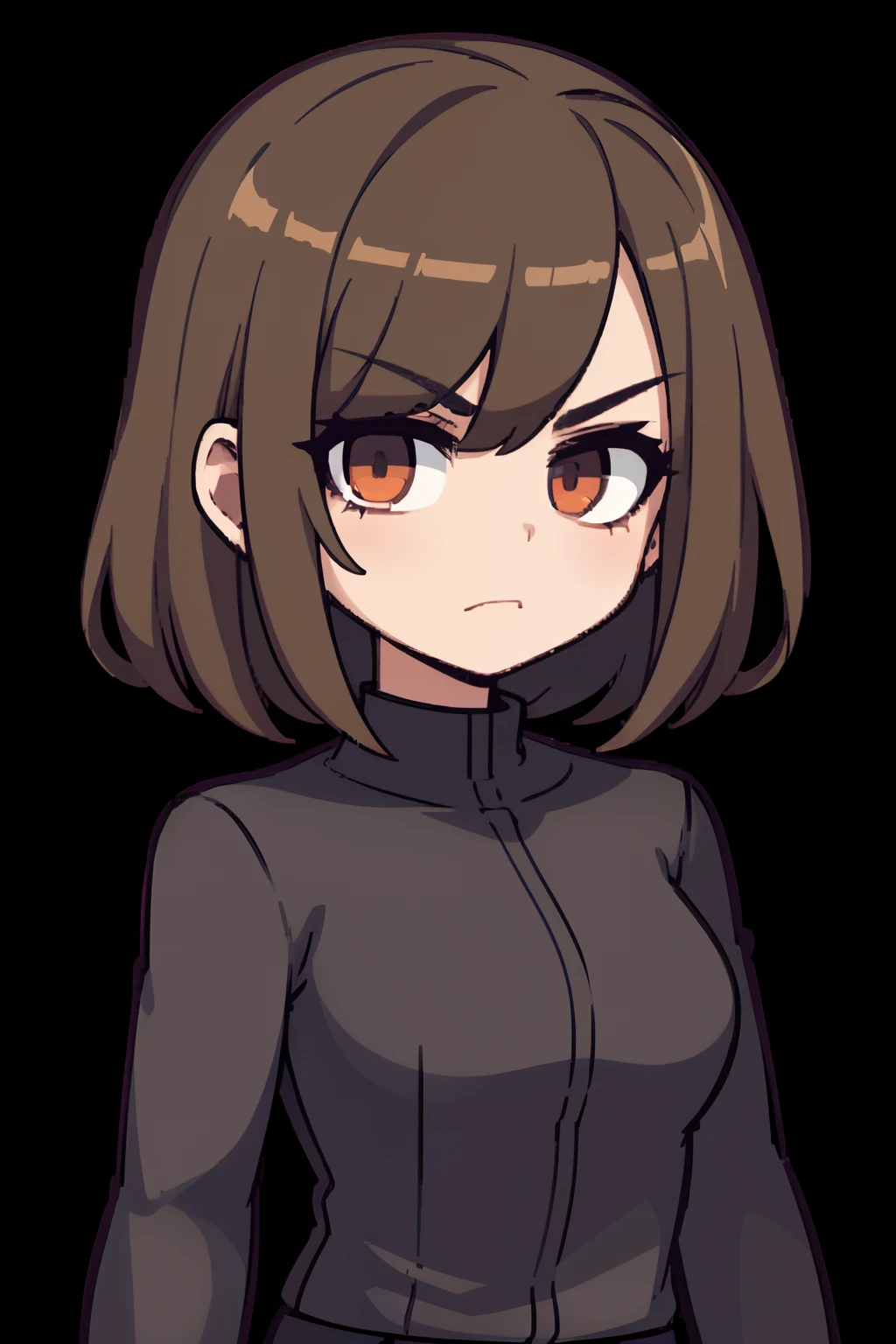 female, 1girl,solo, looking at you, angry, headshot, bust, portrait, dark brown hair, brown eyes, black background, pixelated, sprite sheet, ((pixel:0.9)), solo, ((sprite:1.0)), short hair, messy hair, turtleneck, ((bangs over one eye:1.1)), hair covering one eye, (best quality,4k,k,highres,masterpiece:1.2), perfect color tones, dark lighting