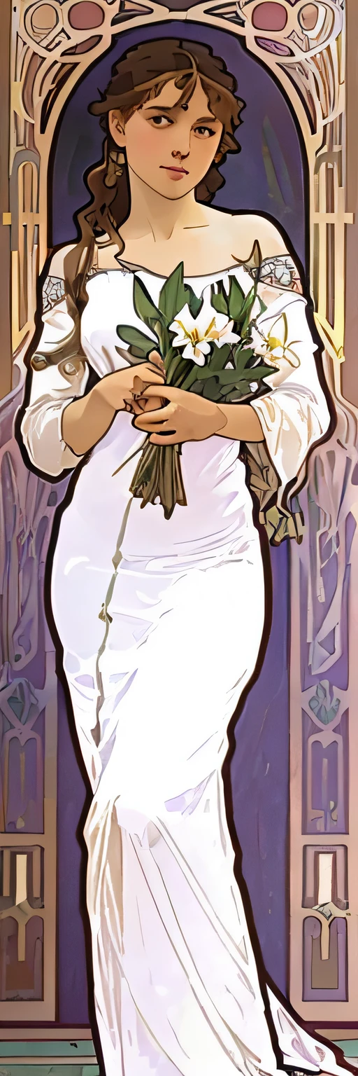 ((The art of Alphonse Mucha)), Flat painting, ((Best Quality, tmasterpiece)),1girl in, Lilac long dress,Have a bouquet of white lilies,Full body like,Melancholy face,She is facing right,slenderbody,Barefoot,Curved long hair in the Art Nouveau style,Plants in the background, Extreme detailing, 8K