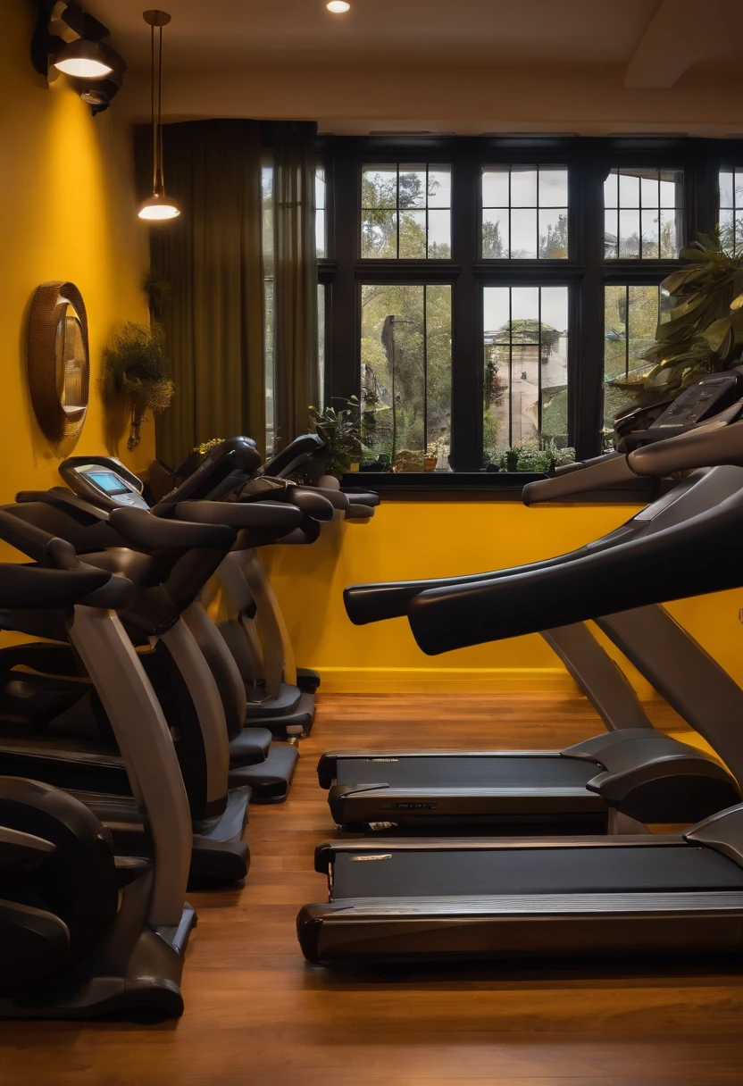 Large retro space，ellegance，with beautiful colors，Yellow wall，Black European wainscoting，wooden floor，The lighting is charming，Fitness equipment，Multiple treadmills