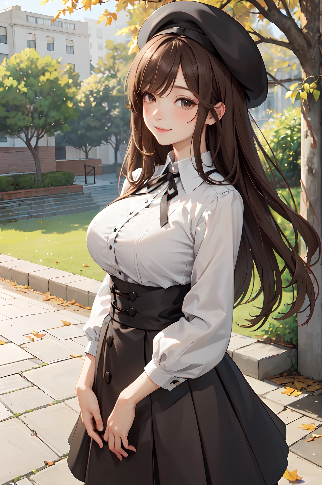 1lady standing, mature female, /(tunic shirt high-waist skirt/) beret, /(brown hair/) bangs, blush kind smile, (masterpiece best quality:1.2) delicate illustration ultra-detailed, large breast, arms down BREAK /(park outdoors/) bricks road, fallen leaves, detailed background